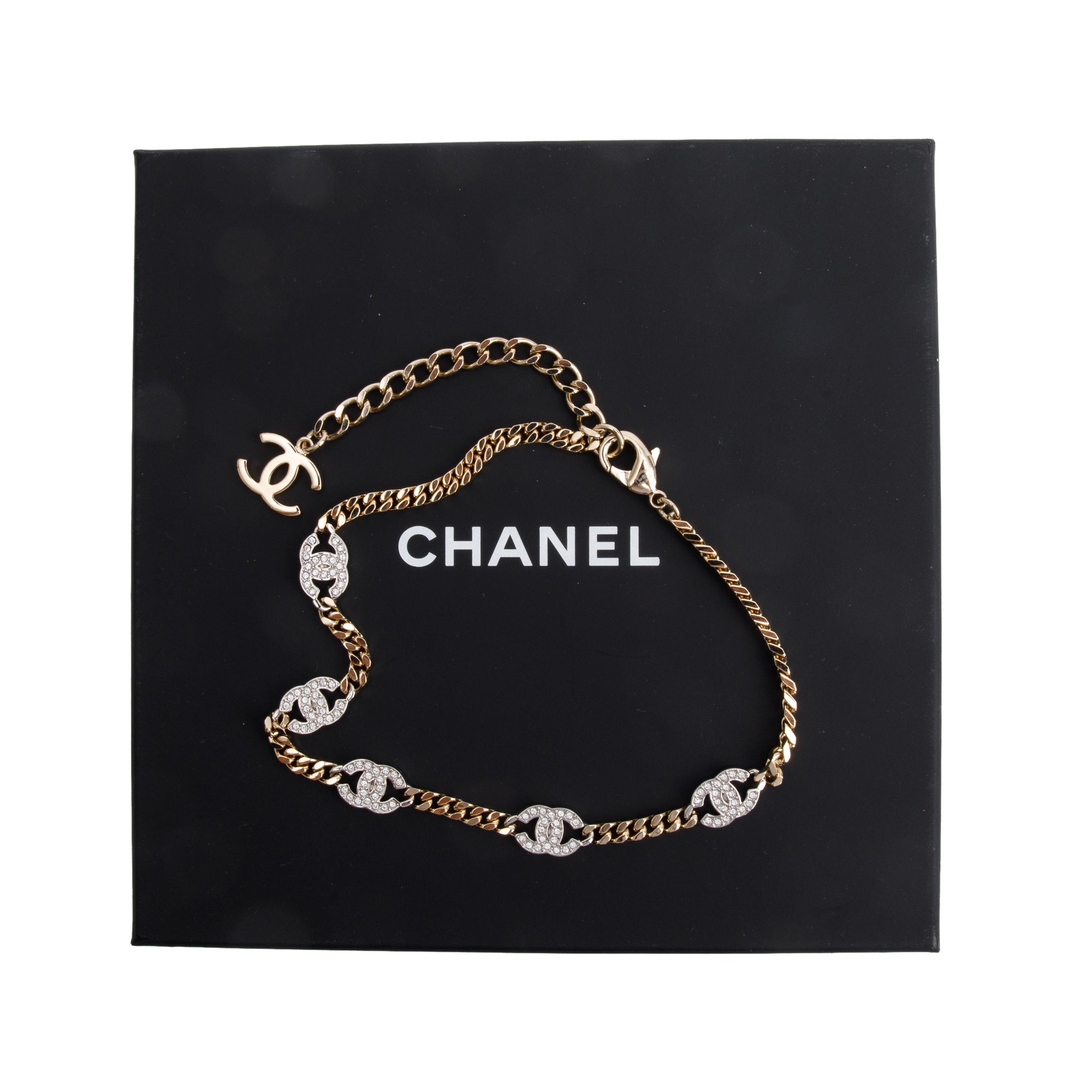 Chanel 2024 Gold Plated Strass CC Choker Necklace w/ Box