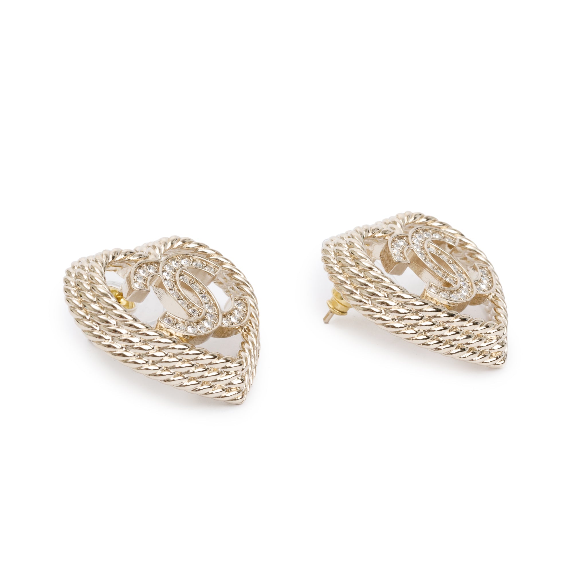 Chanel 2024 Gold Plated Strass CC Heart Earrings w/ Box
