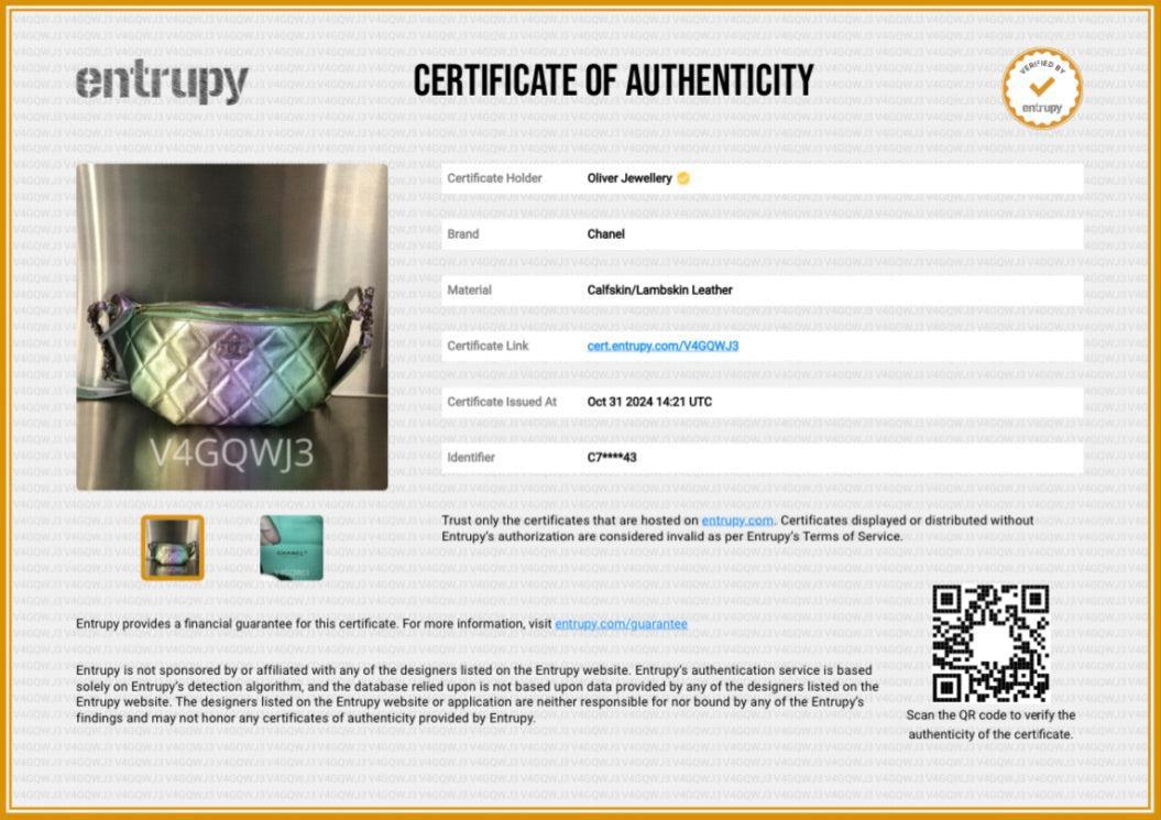 Chanel 2024 Iridescent Rainbow Metallic Quilted Calfskin Leather Belt Bag w/ Box