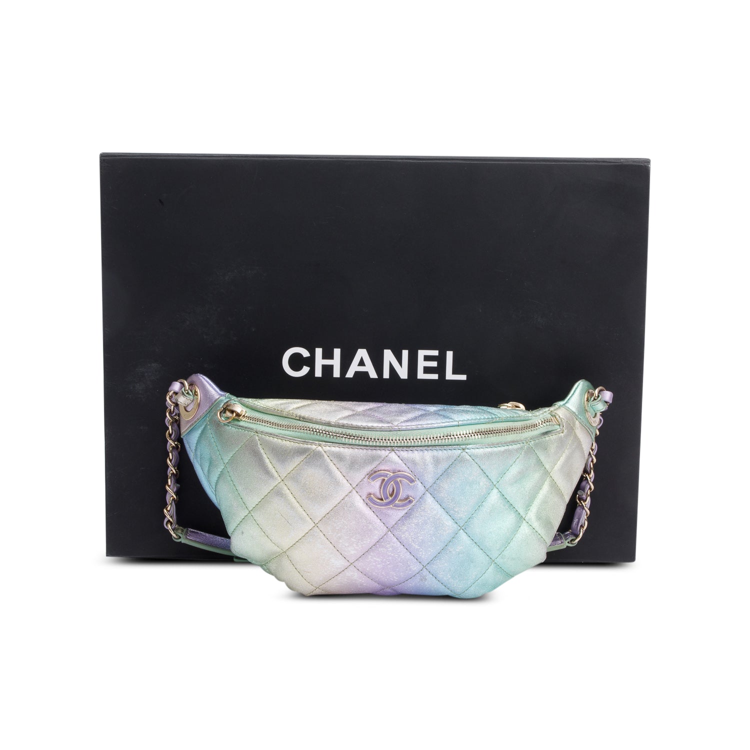 Chanel 2024 Iridescent Rainbow Metallic Quilted Calfskin Leather Belt Bag w/ Box