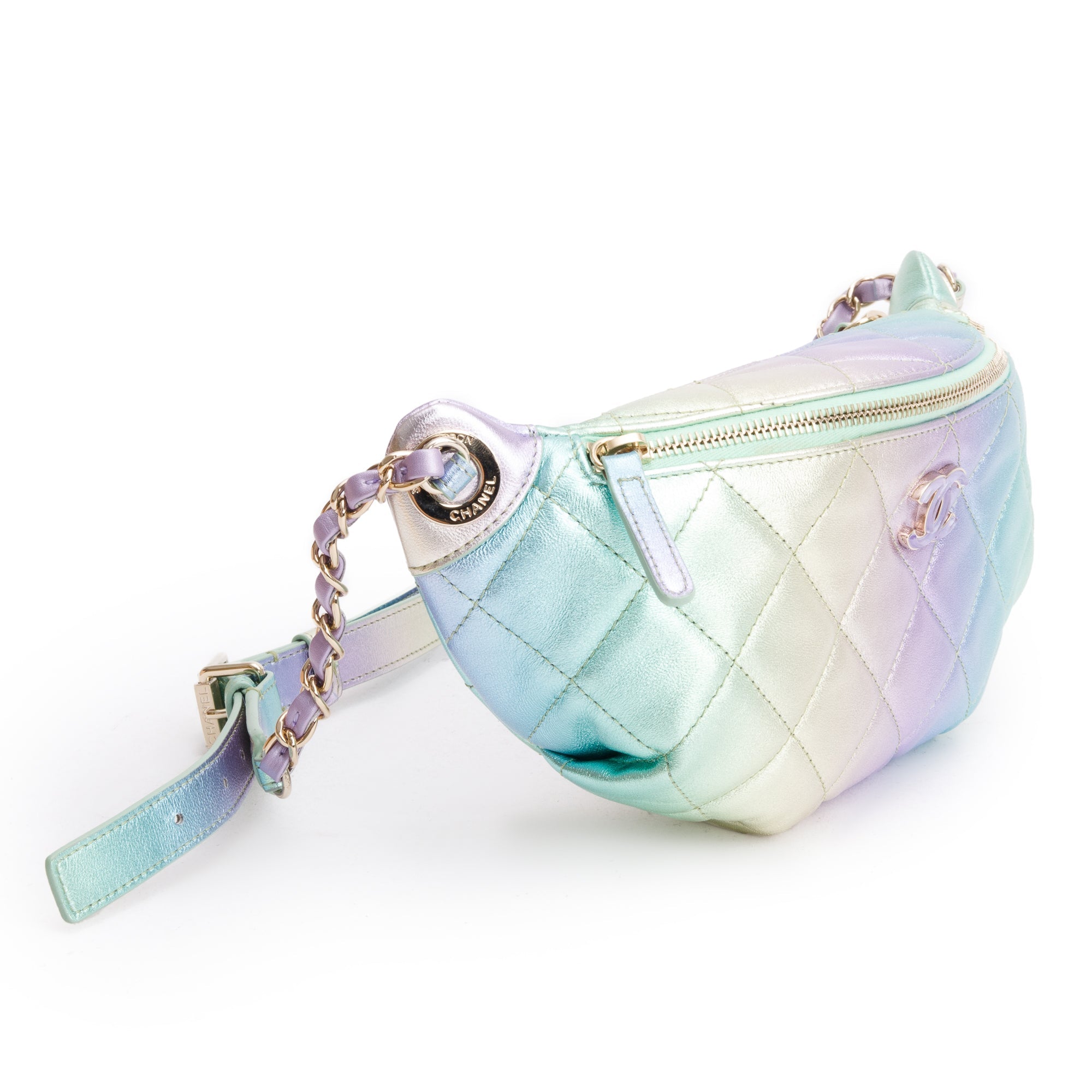 Chanel 2024 Iridescent Rainbow Metallic Quilted Calfskin Leather Belt Bag w/ Box
