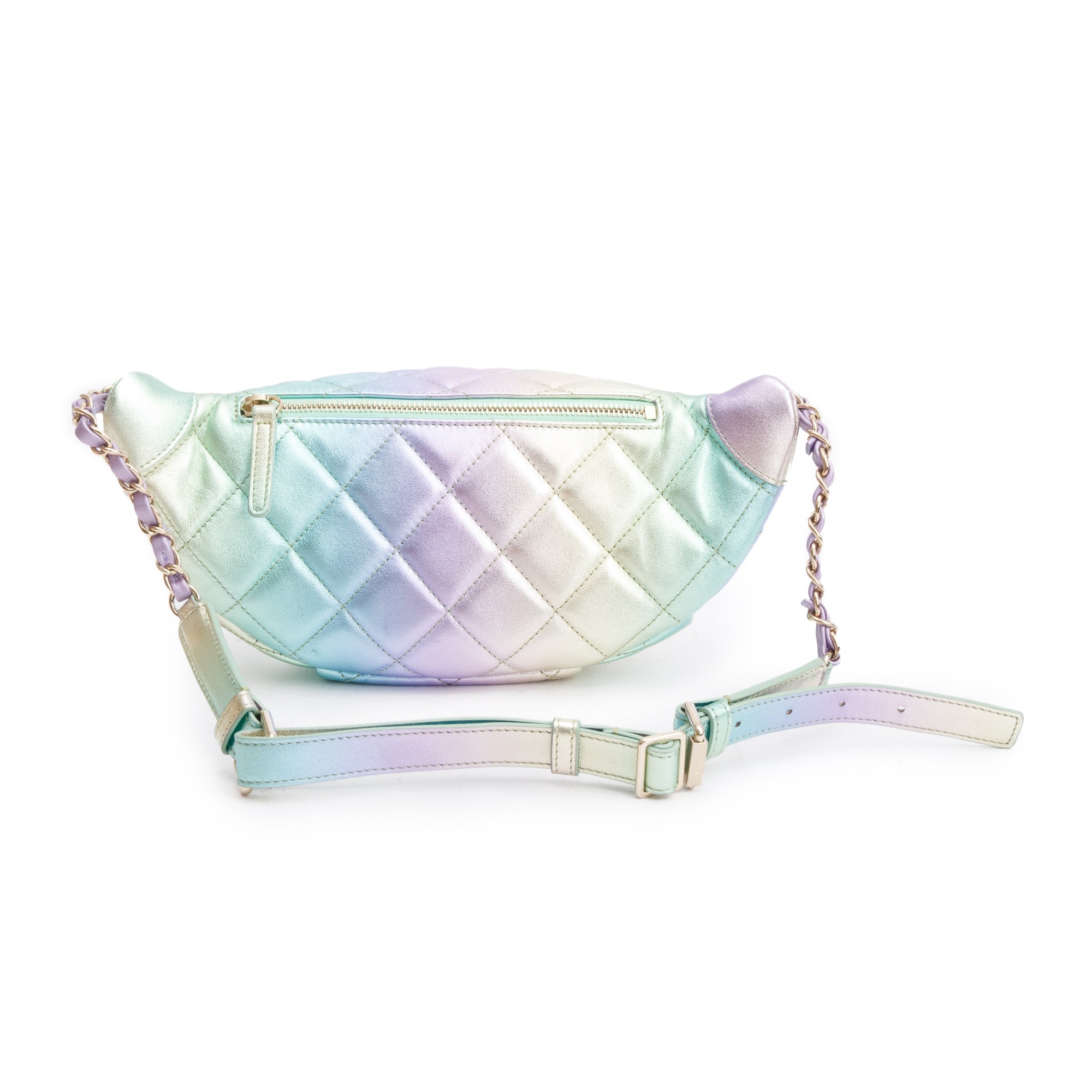 Chanel 2024 Iridescent Rainbow Metallic Quilted Calfskin Leather Belt Bag w/ Box