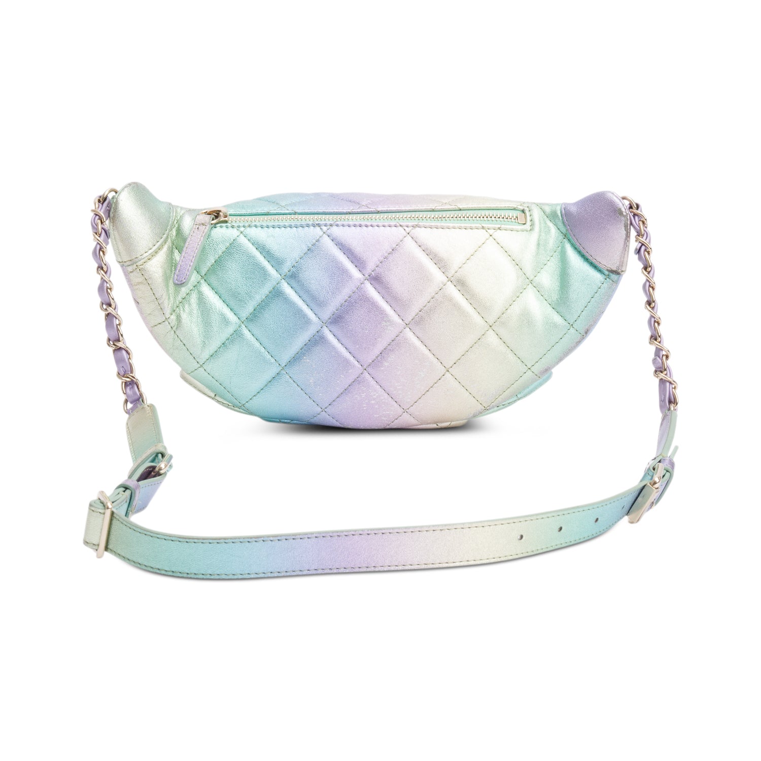 Chanel 2024 Iridescent Rainbow Metallic Quilted Calfskin Leather Belt Bag w/ Box
