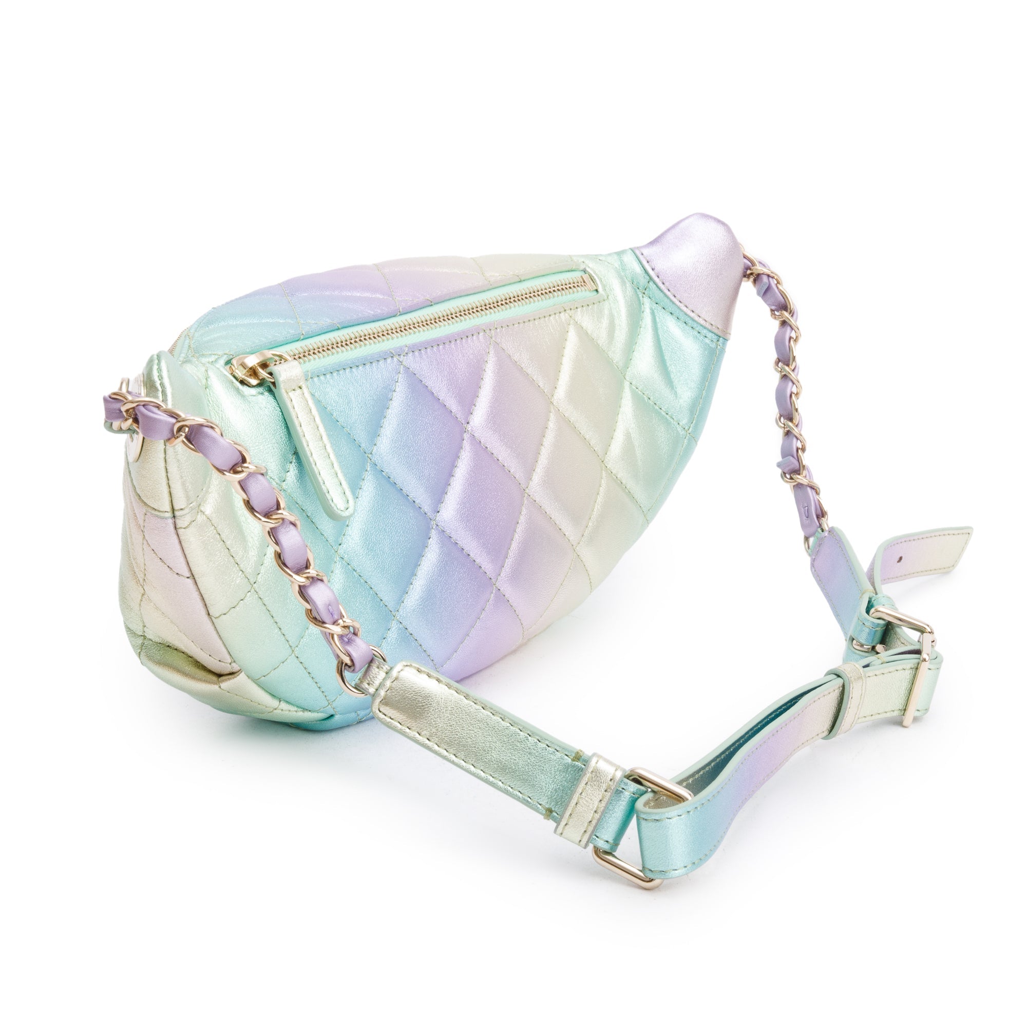 Chanel 2024 Iridescent Rainbow Metallic Quilted Calfskin Leather Belt Bag w/ Box