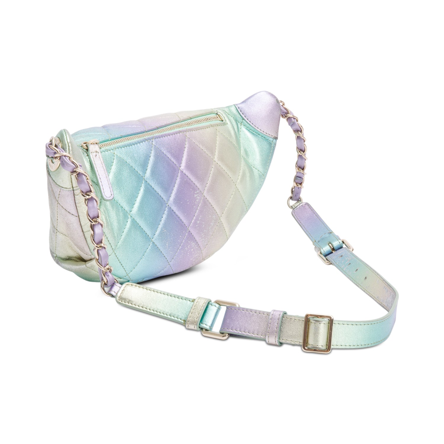 Chanel 2024 Iridescent Rainbow Metallic Quilted Calfskin Leather Belt Bag w/ Box