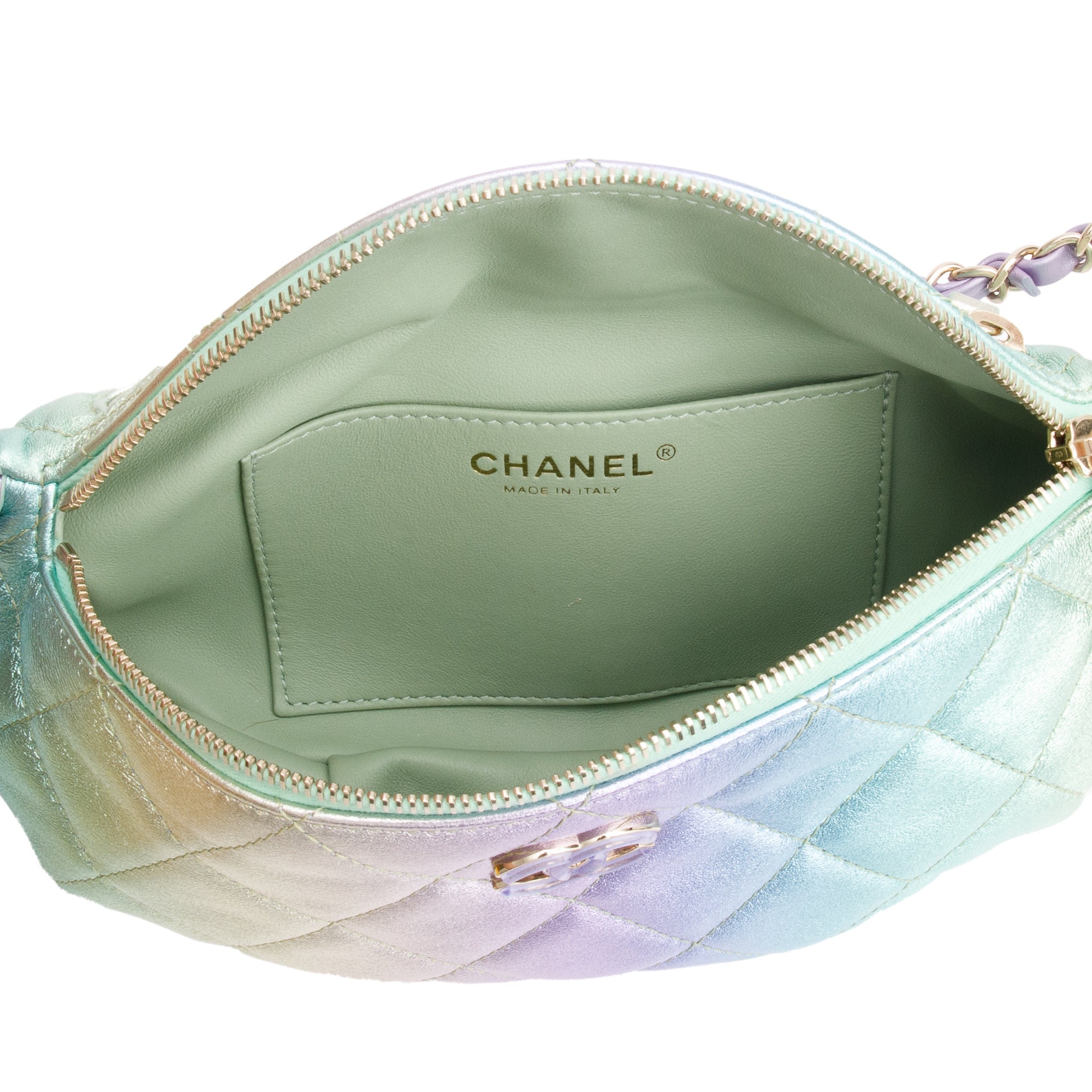 Chanel 2024 Iridescent Rainbow Metallic Quilted Calfskin Leather Belt Bag w/ Box