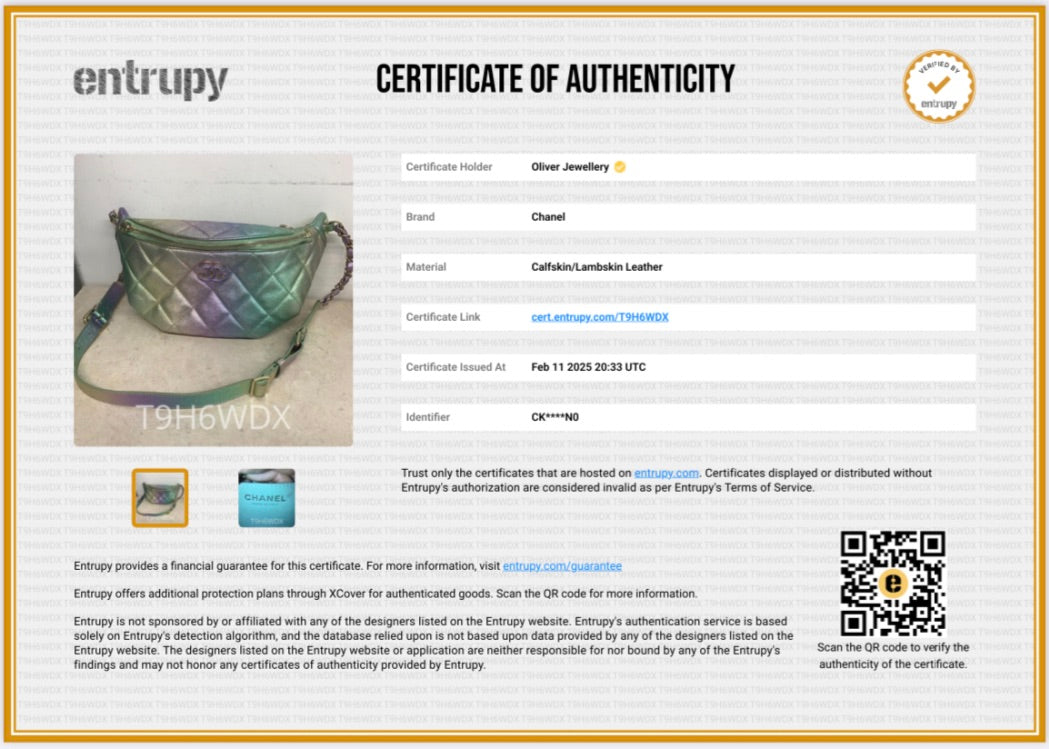 Chanel 2024 Iridescent Rainbow Metallic Quilted Calfskin Leather Belt Bag w/ Box