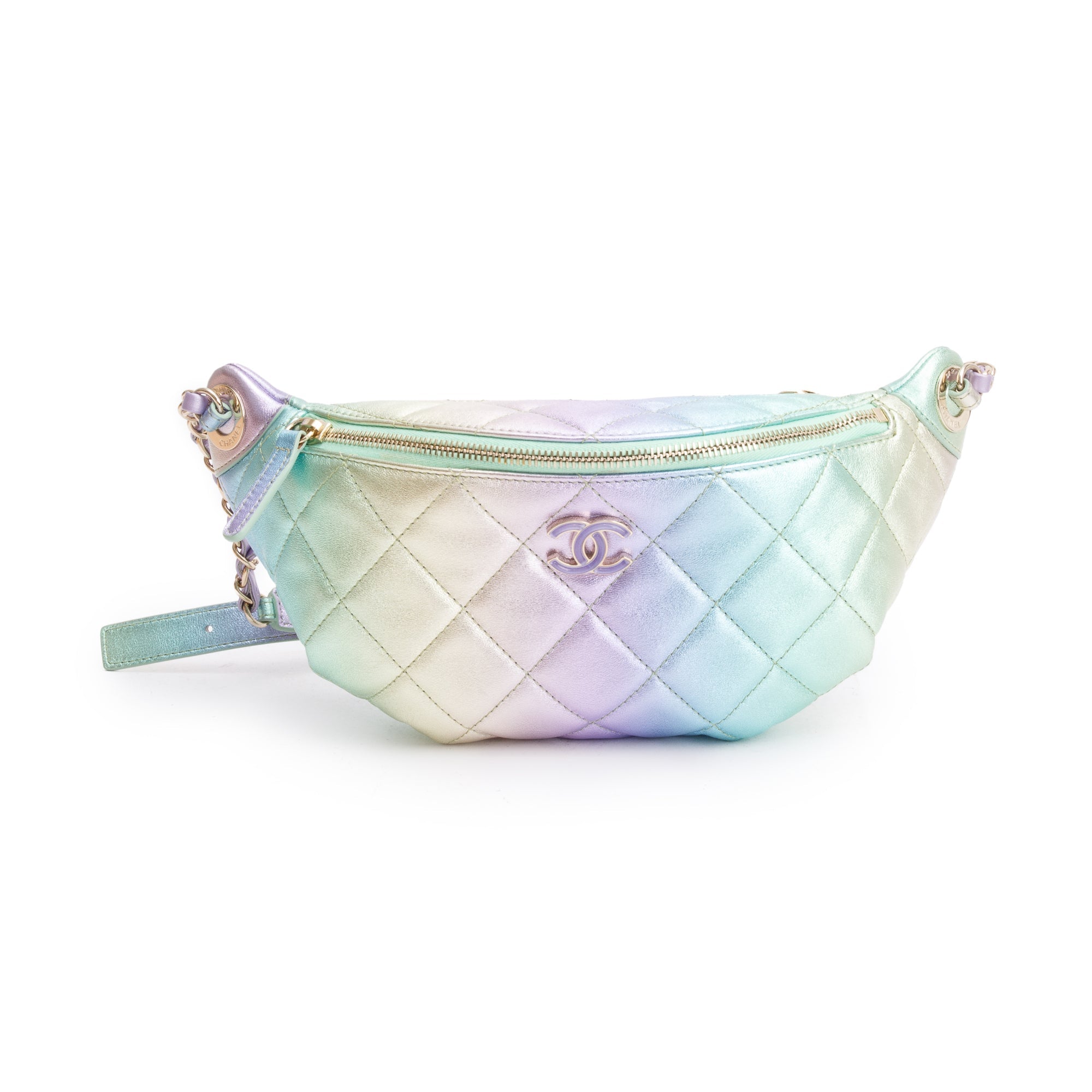 Chanel 2024 Iridescent Rainbow Metallic Quilted Calfskin Leather Belt Bag w/ Box