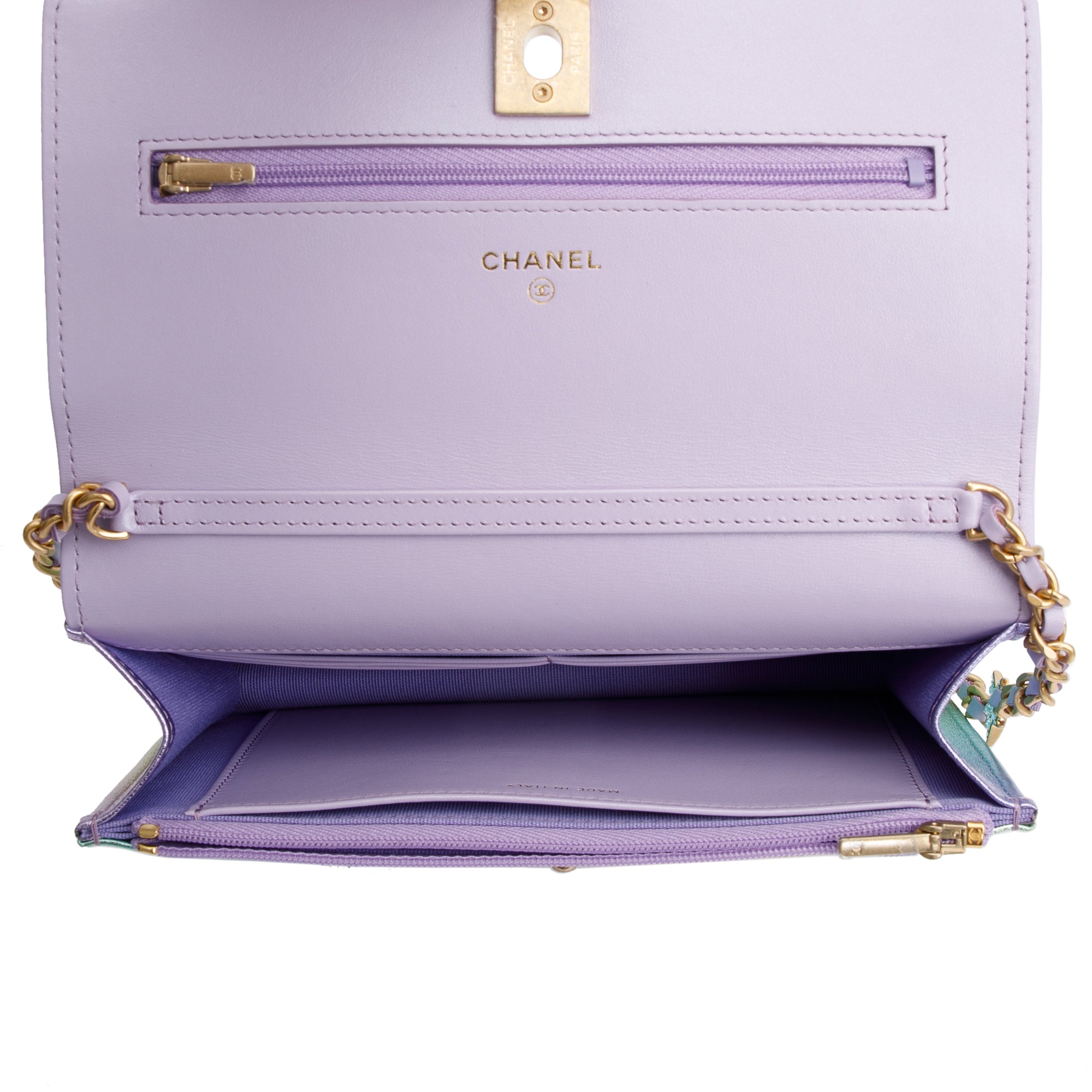 Chanel 2024 Metallic Multicolor Rainbow Lambskin Leather Strass Wallet on Chain w/ Box