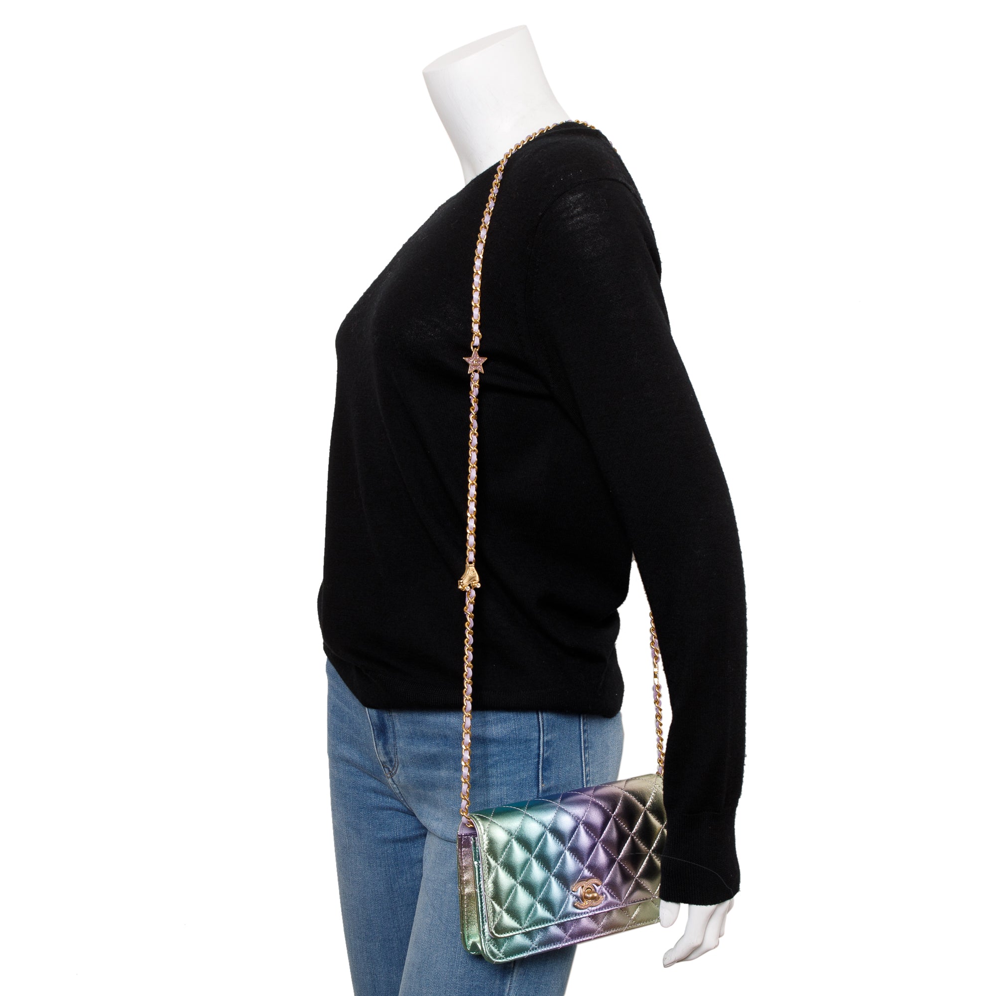 Chanel 2024 Metallic Multicolor Rainbow Lambskin Leather Strass Wallet on Chain w/ Box