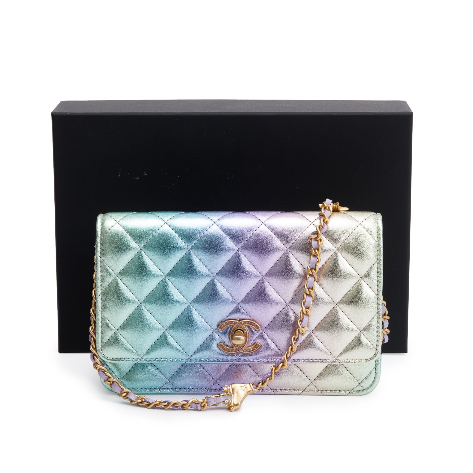 Chanel 2024 Metallic Multicolor Rainbow Lambskin Leather Strass Wallet on Chain w/ Box