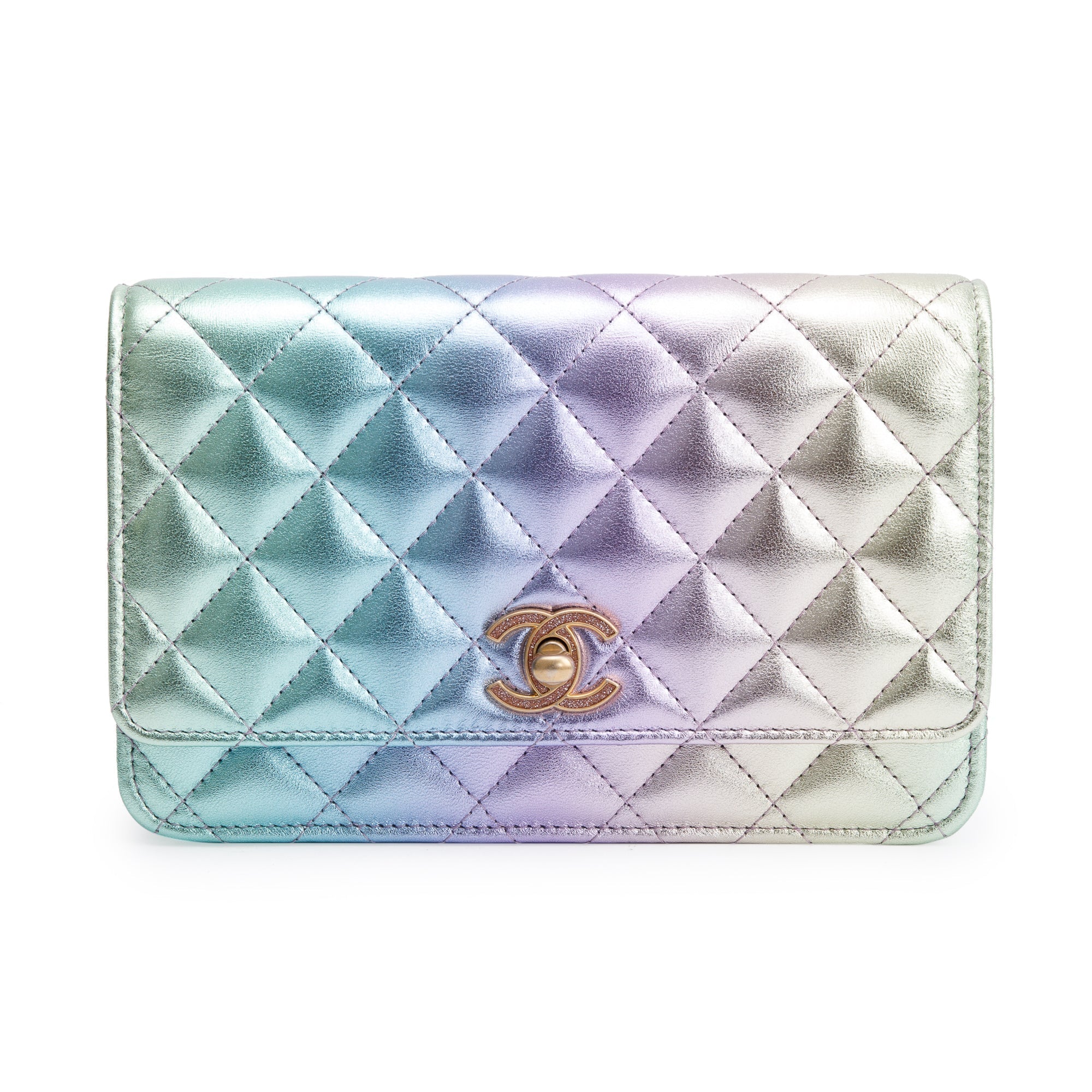 Chanel 2024 Metallic Multicolor Rainbow Lambskin Leather Strass Wallet on Chain w/ Box