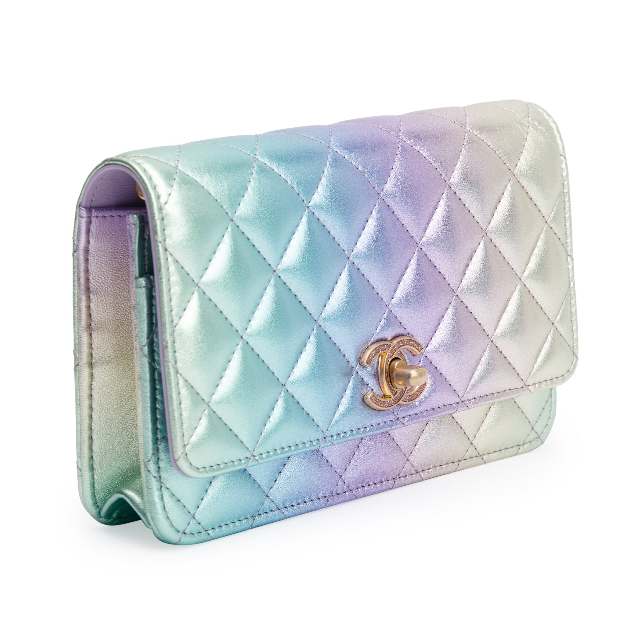 Chanel 2024 Metallic Multicolor Rainbow Lambskin Leather Strass Wallet on Chain w/ Box