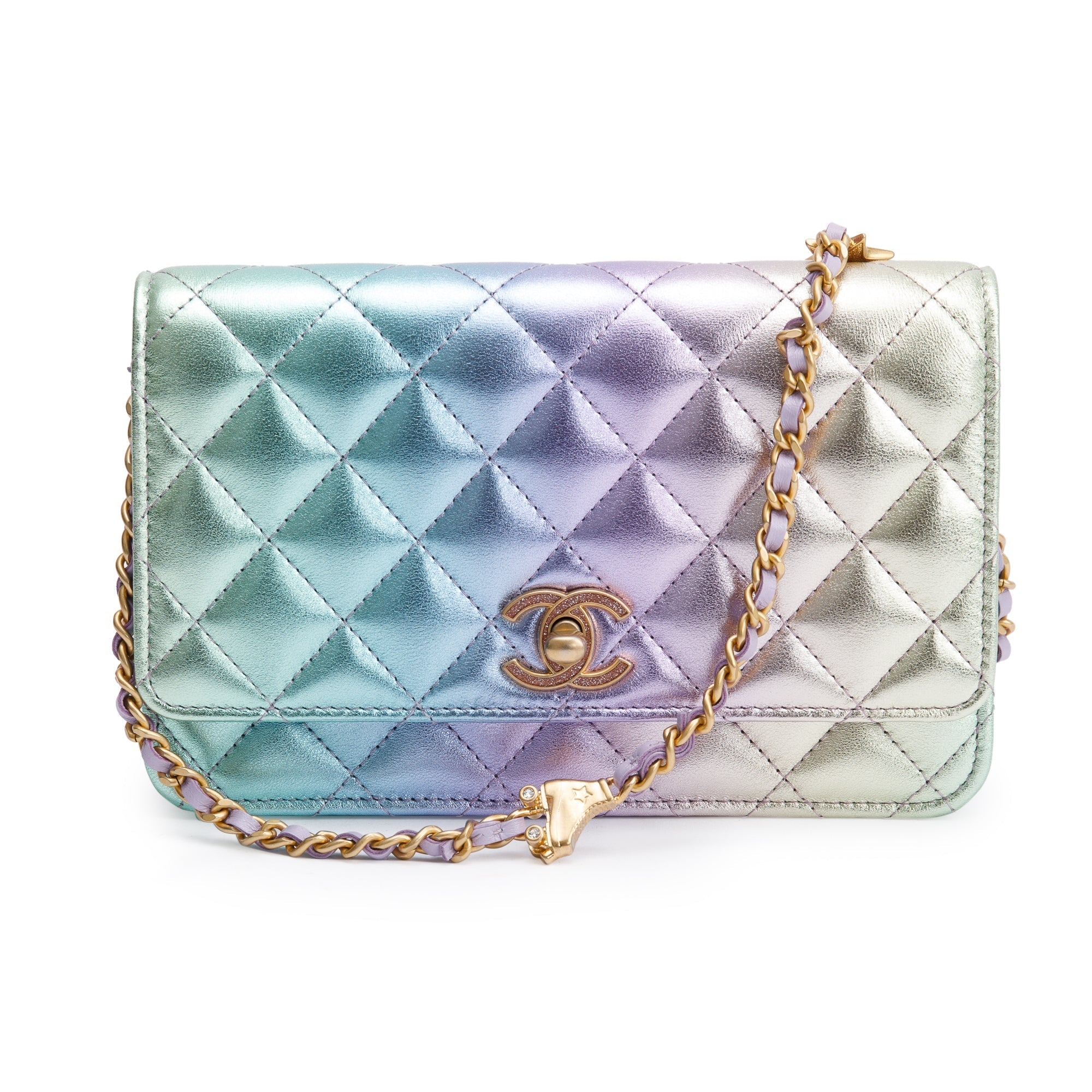 Chanel 2024 Metallic Multicolor Rainbow Lambskin Leather Strass Wallet on Chain w/ Box