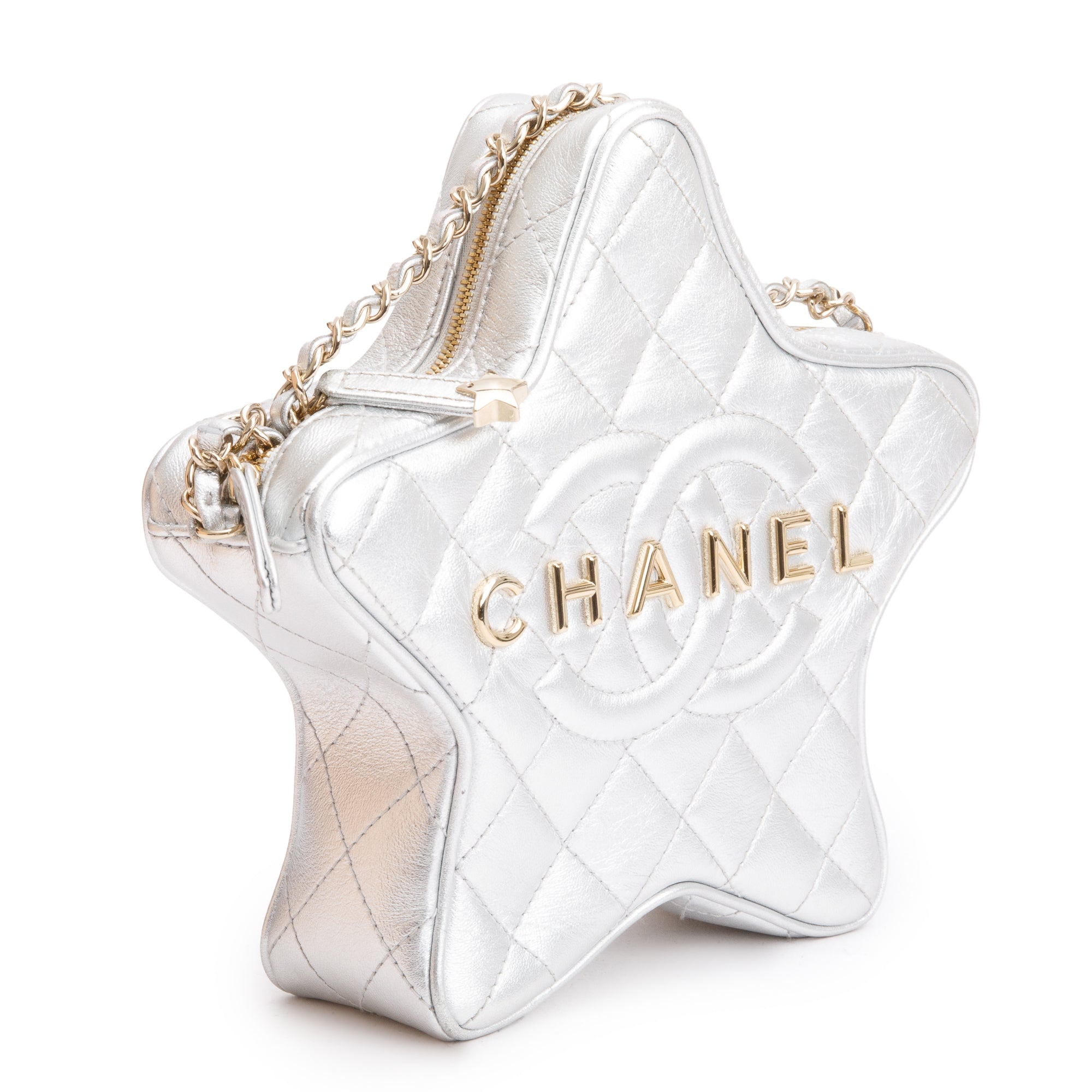 Chanel 2024 Metallic Silver Leather Walk Of Fame Star Crossbody Bag w/ Box