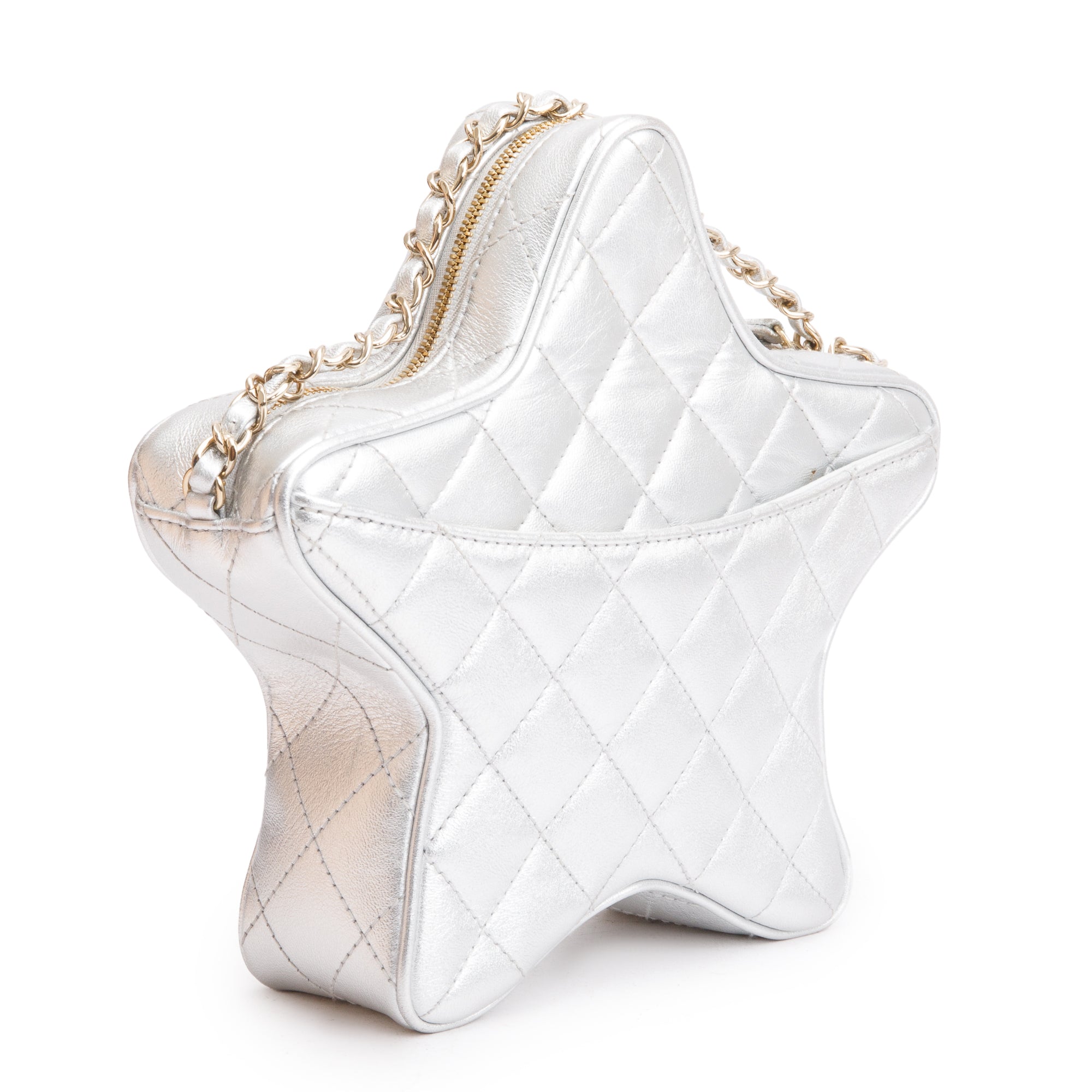 Chanel 2024 Metallic Silver Leather Walk Of Fame Star Crossbody Bag w/ Box