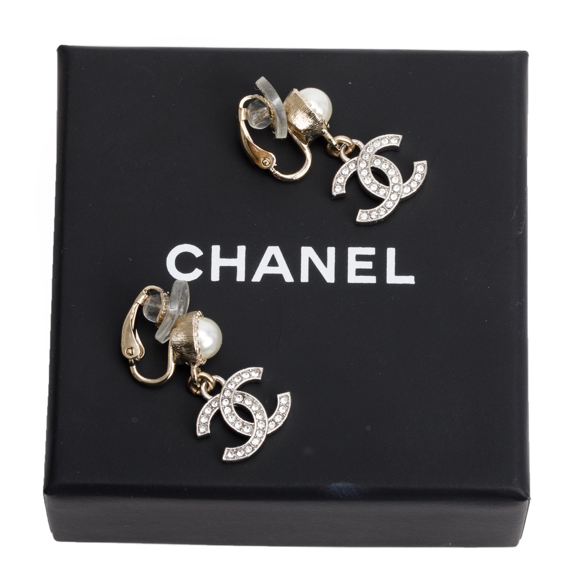 Chanel 2024 Palladium Plated Faux Pearl & Strass CC Drop Clip-On Earrings w/ Box