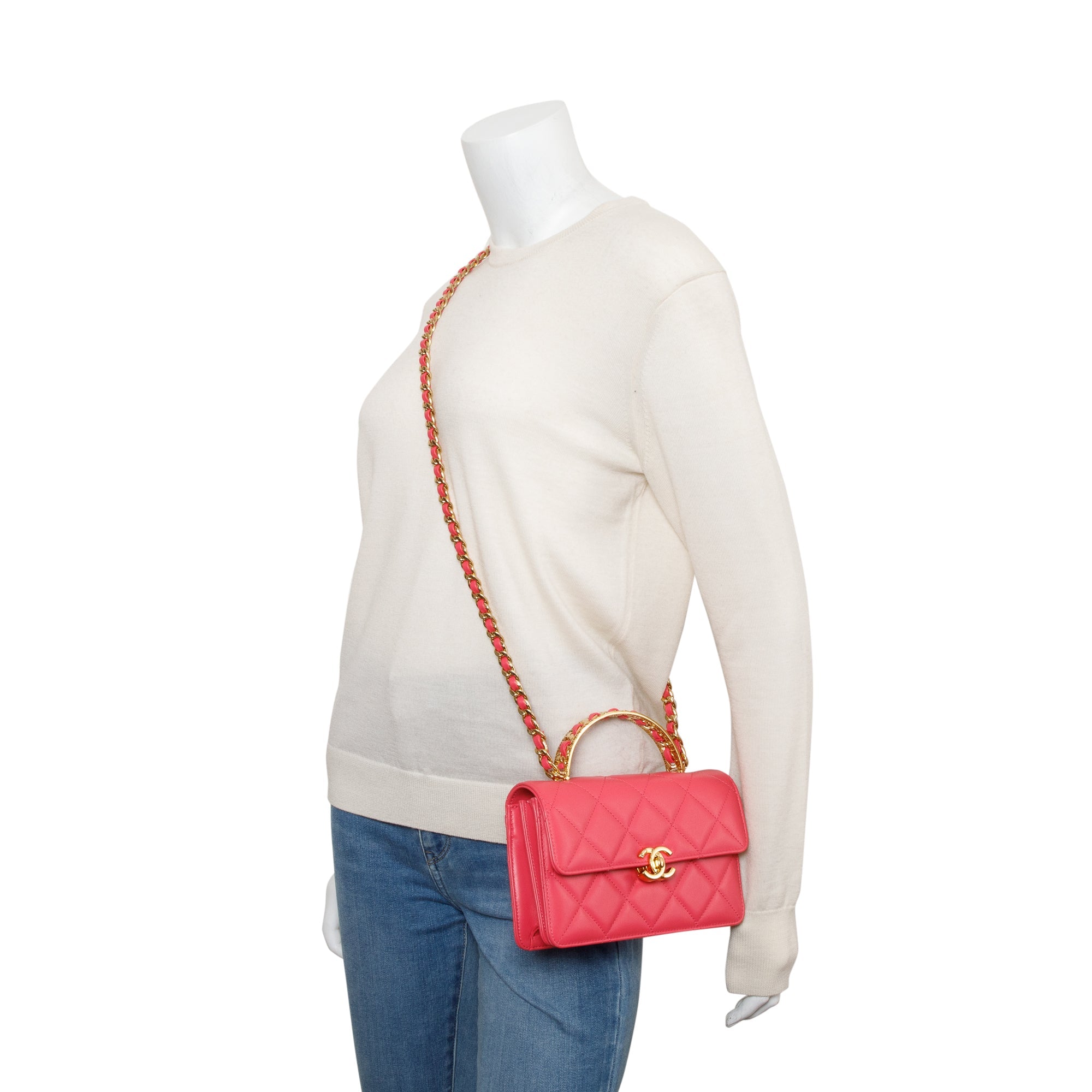 Chanel 2024 Pink Lambskin Mini Flap Bag w/ Top Handle & Box