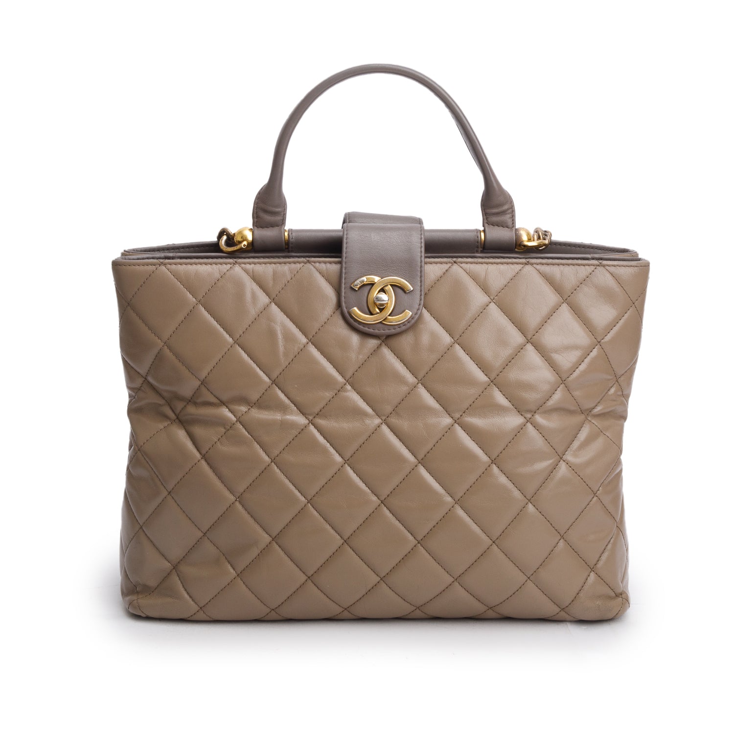 Chanel Grey Calfskin Quilted Large Gold Bar Top Handle Tote