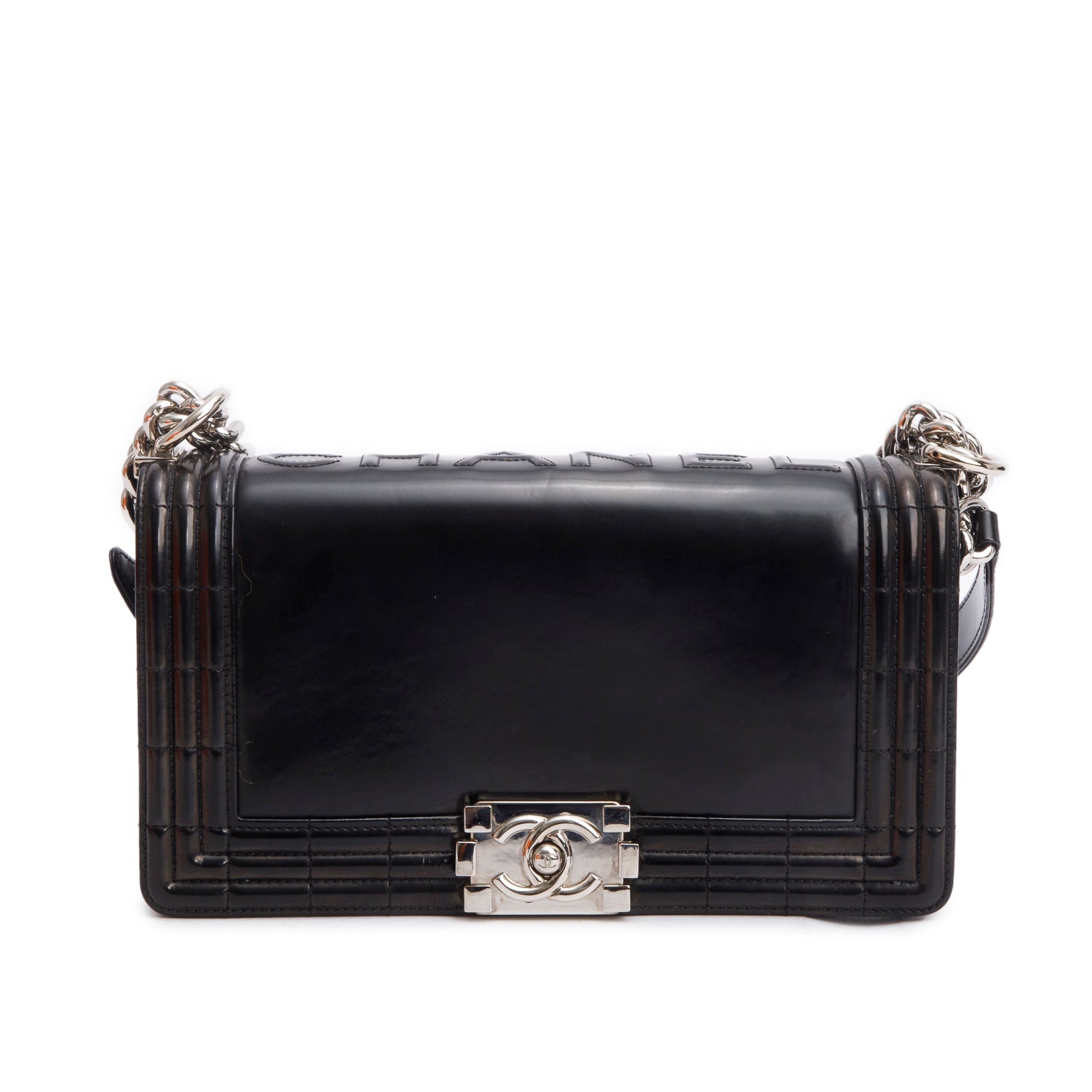 Chanel Black Patent Leather Original Clasp Medium Boy Flap Bag w/ Authenticity Card
