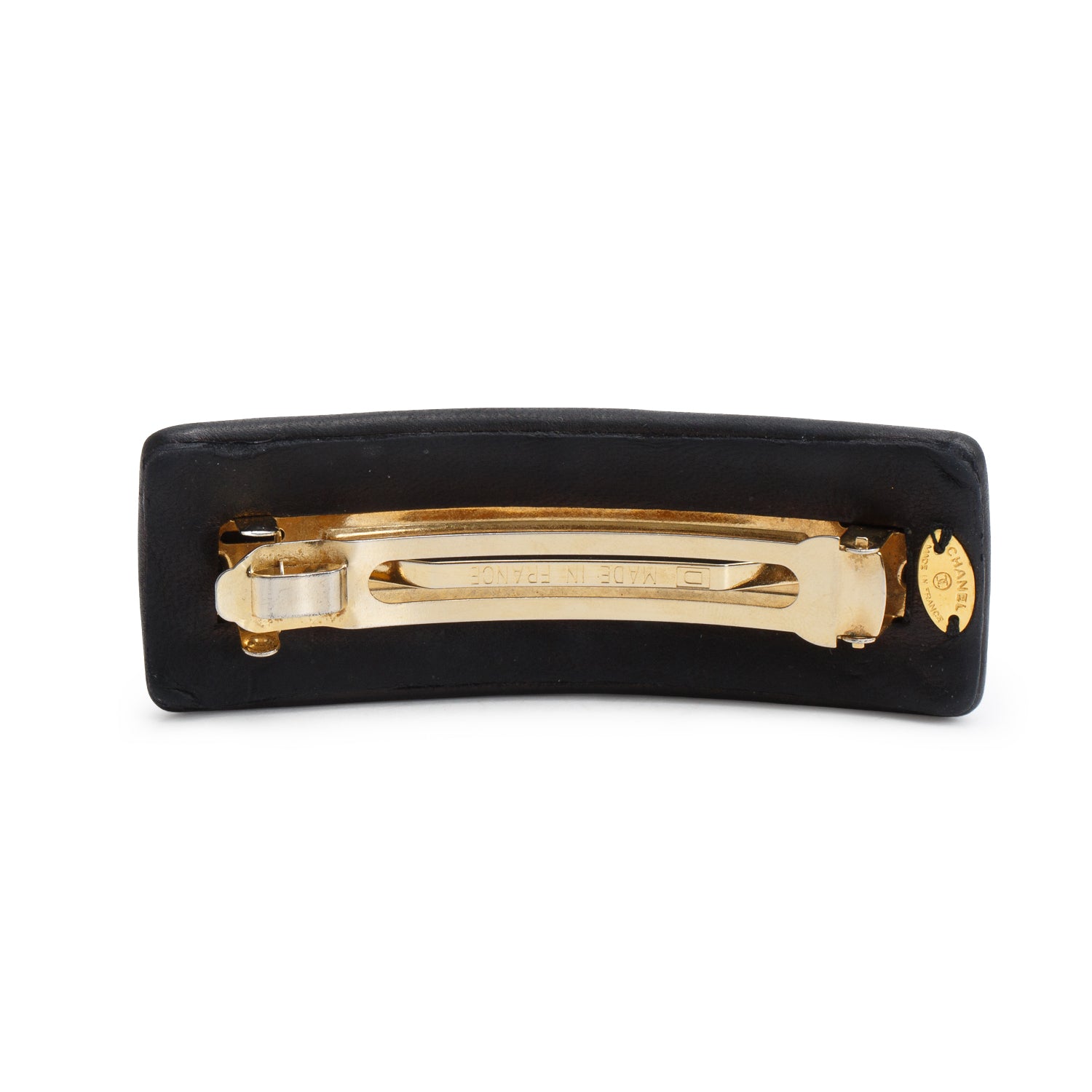 Chanel Black Leather Gold Plated CC Logo Hair Clip Barrette w/ Box