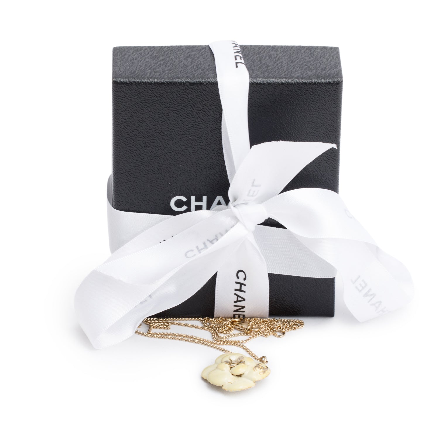 Chanel Gold-Plated Metal Ivory Enamel CC Camellia Pendant Necklace w/ Box