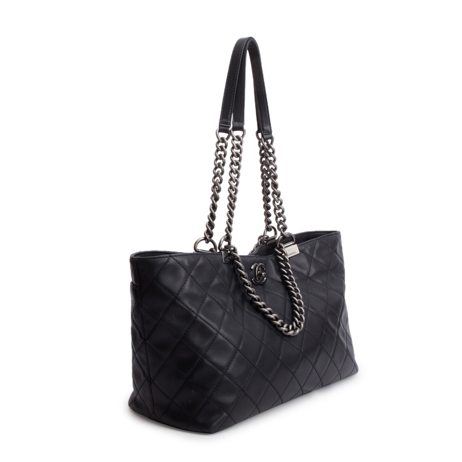 Chanel Black Calfskin Quilted Shopping in Chains Tote