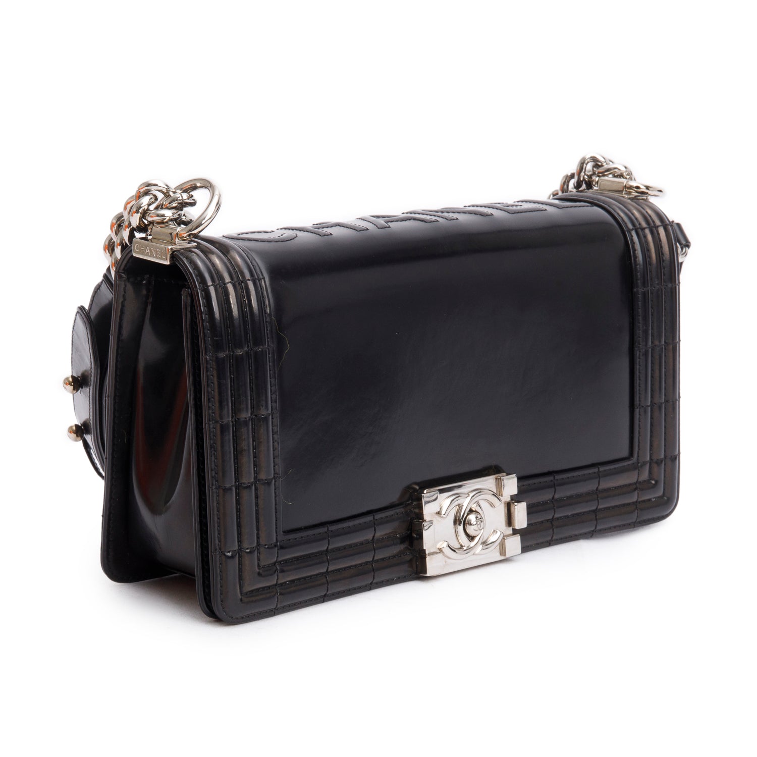 Chanel Black Patent Leather Original Clasp Medium Boy Flap Bag w/ Authenticity Card