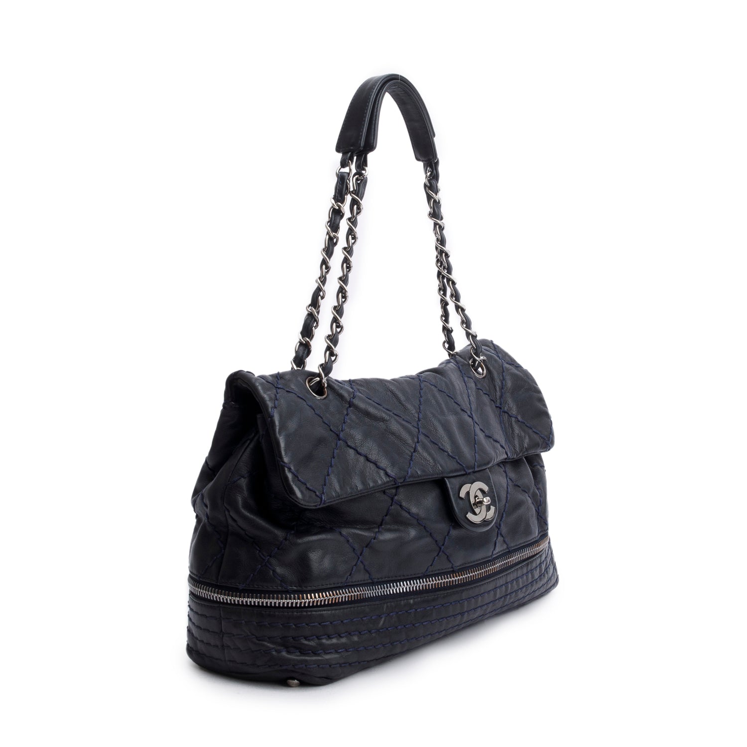 Chanel Navy Quilted Stitched Calfskin Leather Expandable Ligne Flap Bag