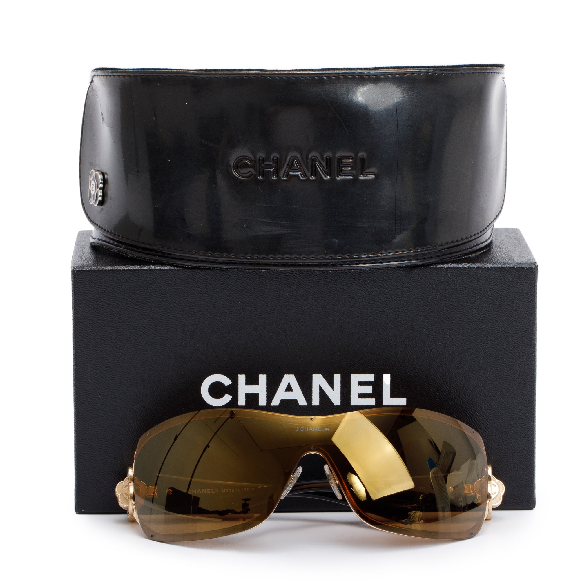 Chanel 4164-B Black Acetate Crystal Camellia Shield Sunglasses w