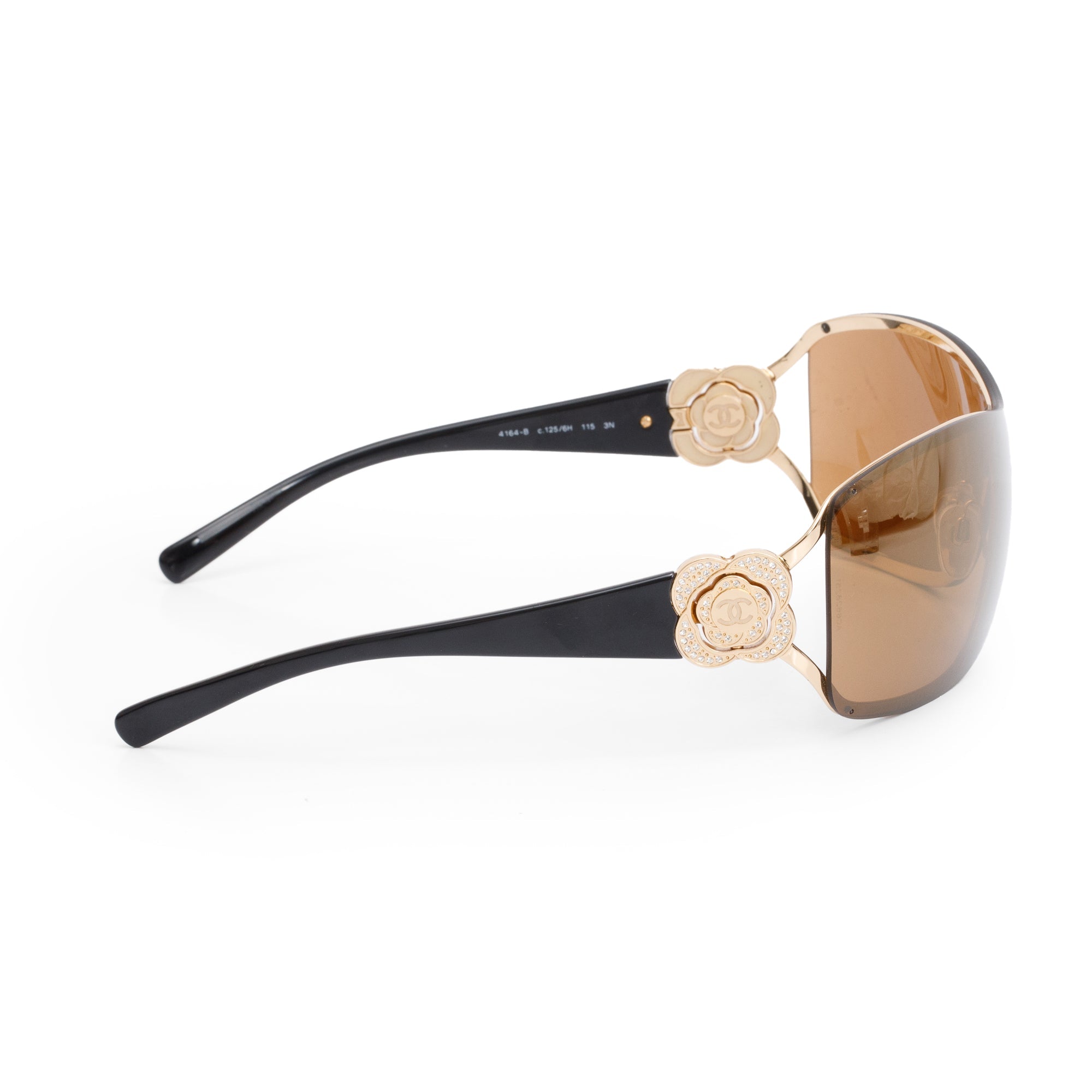 Chanel 4164-B Black Acetate Crystal Camellia Shield Sunglasses w/ Box & Case