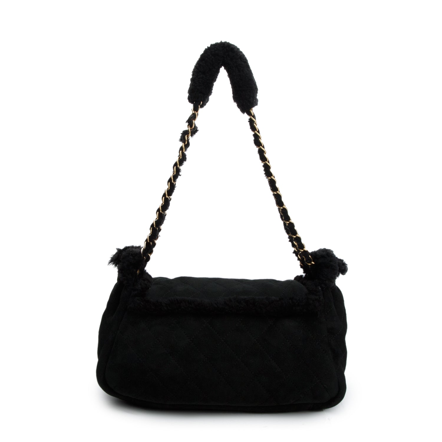 Chanel Black Quilted Nubuck Shearling CC Flap Bag