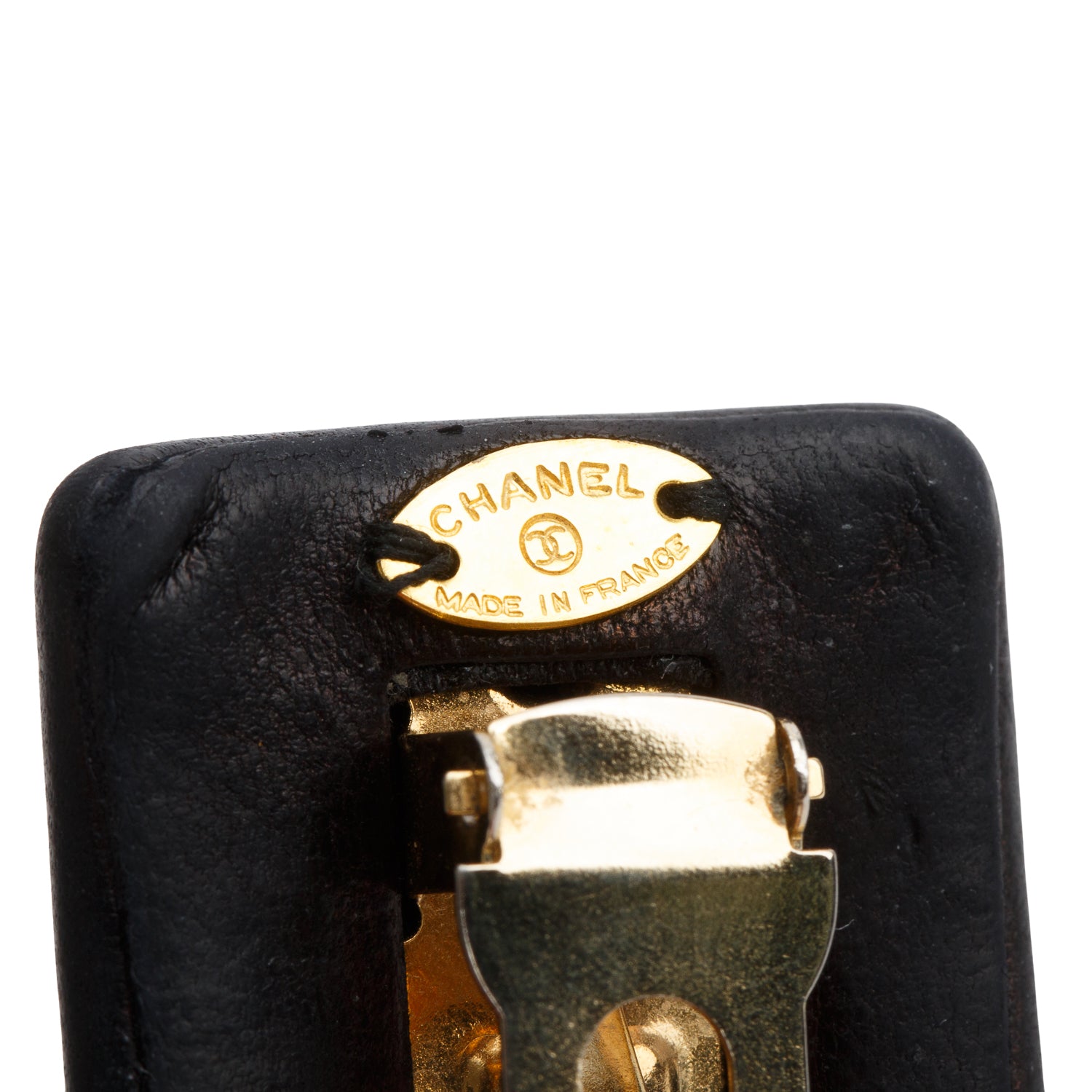 Chanel Black Leather Gold Plated CC Logo Hair Clip Barrette w/ Box