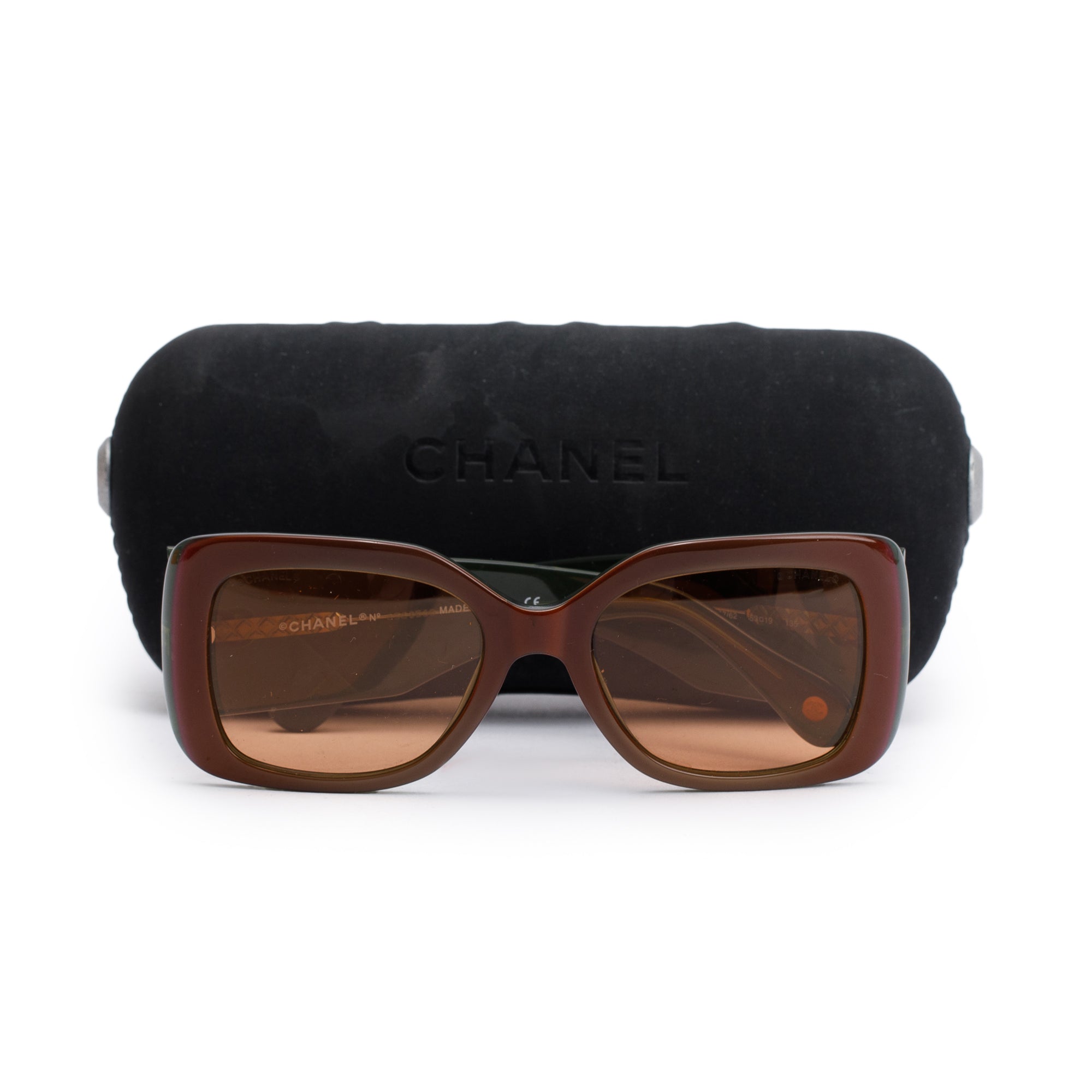 Chanel 5019 Green/Brown Iridescent Acetate CC Logo Quilted Square Sunglasses w/ Case