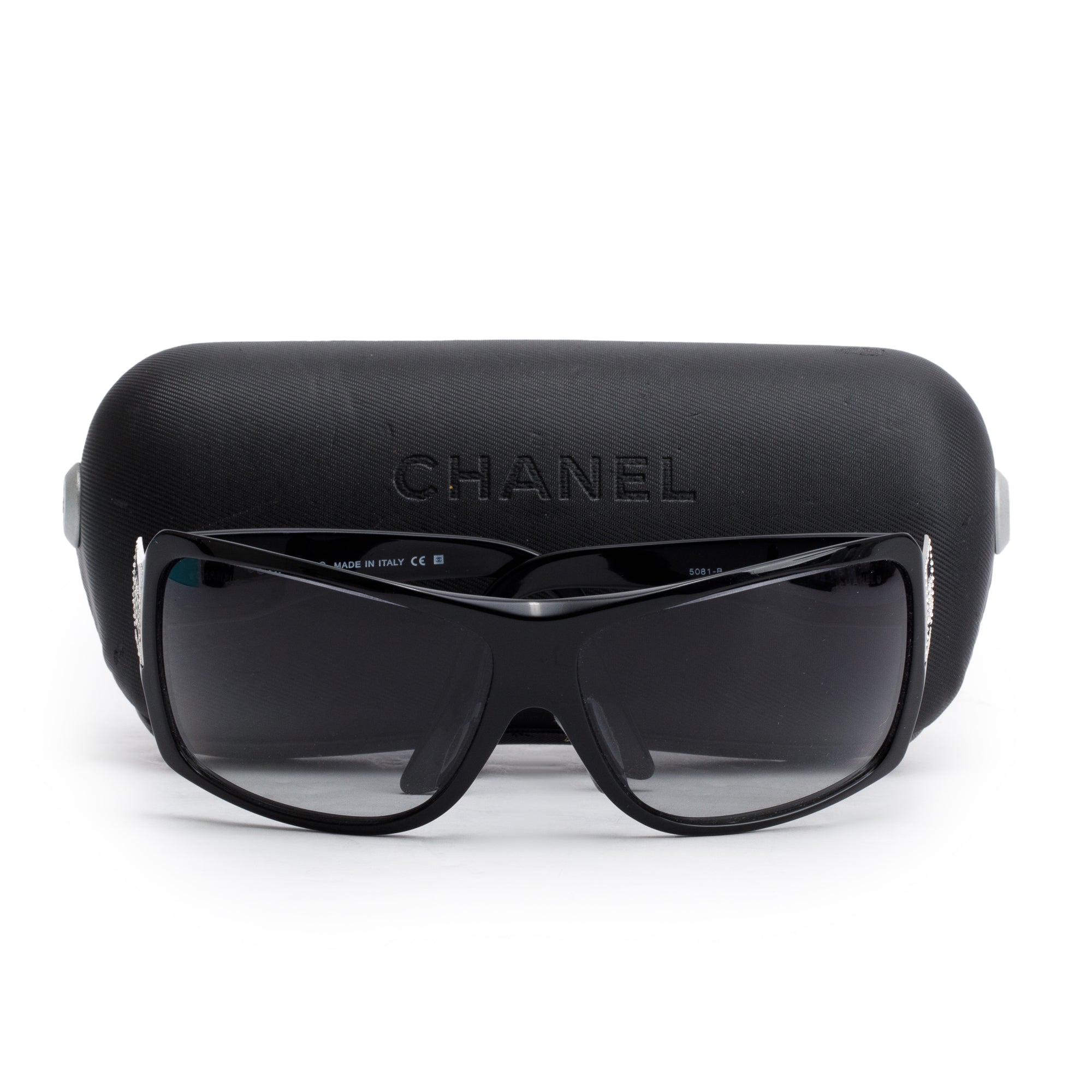 Chanel 5081-B Black Acetate Strass CC Logo Shield Sunglasses w/ Case
