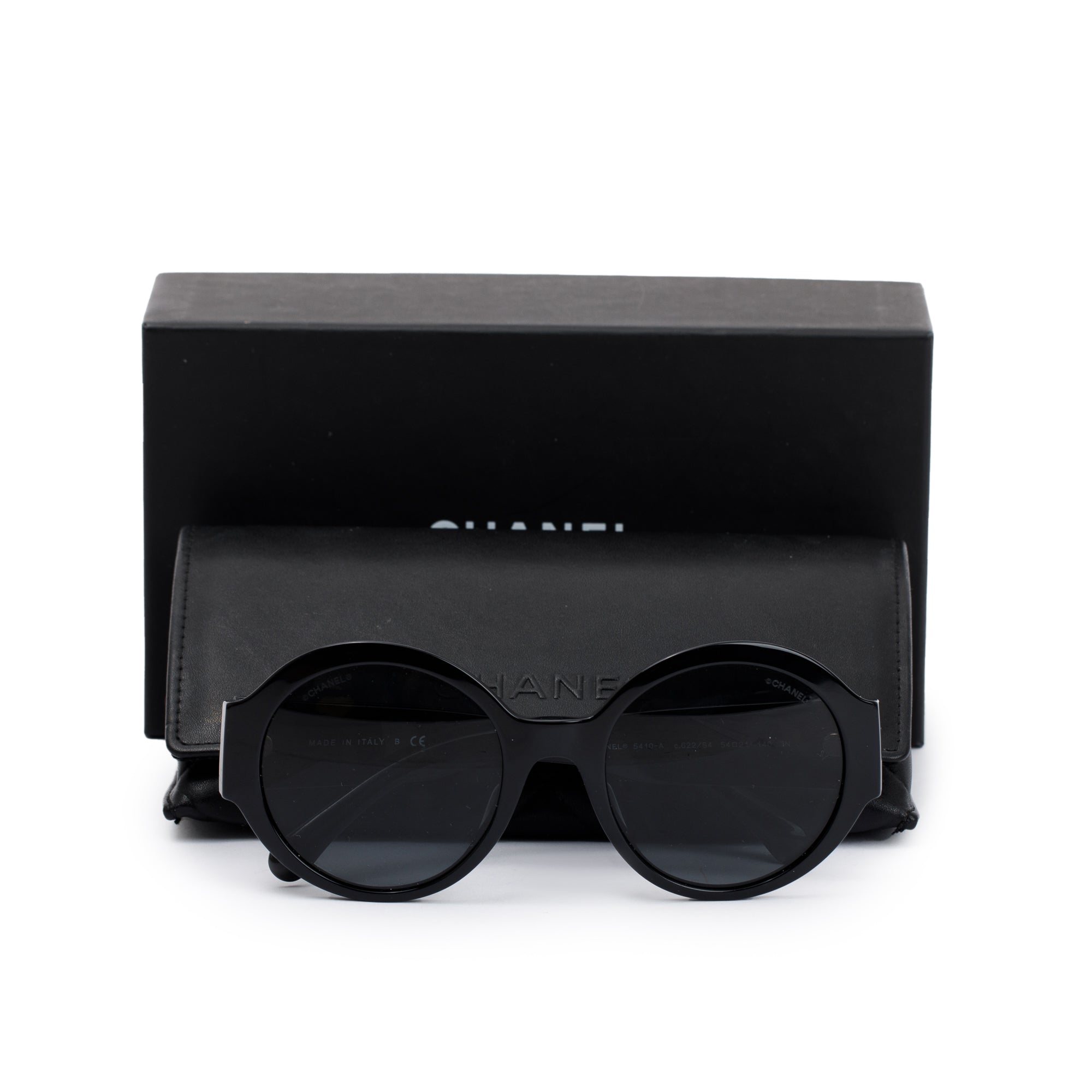 Chanel 5410-A Black Acetate Logo Round Sunglasses w/ Box & Case