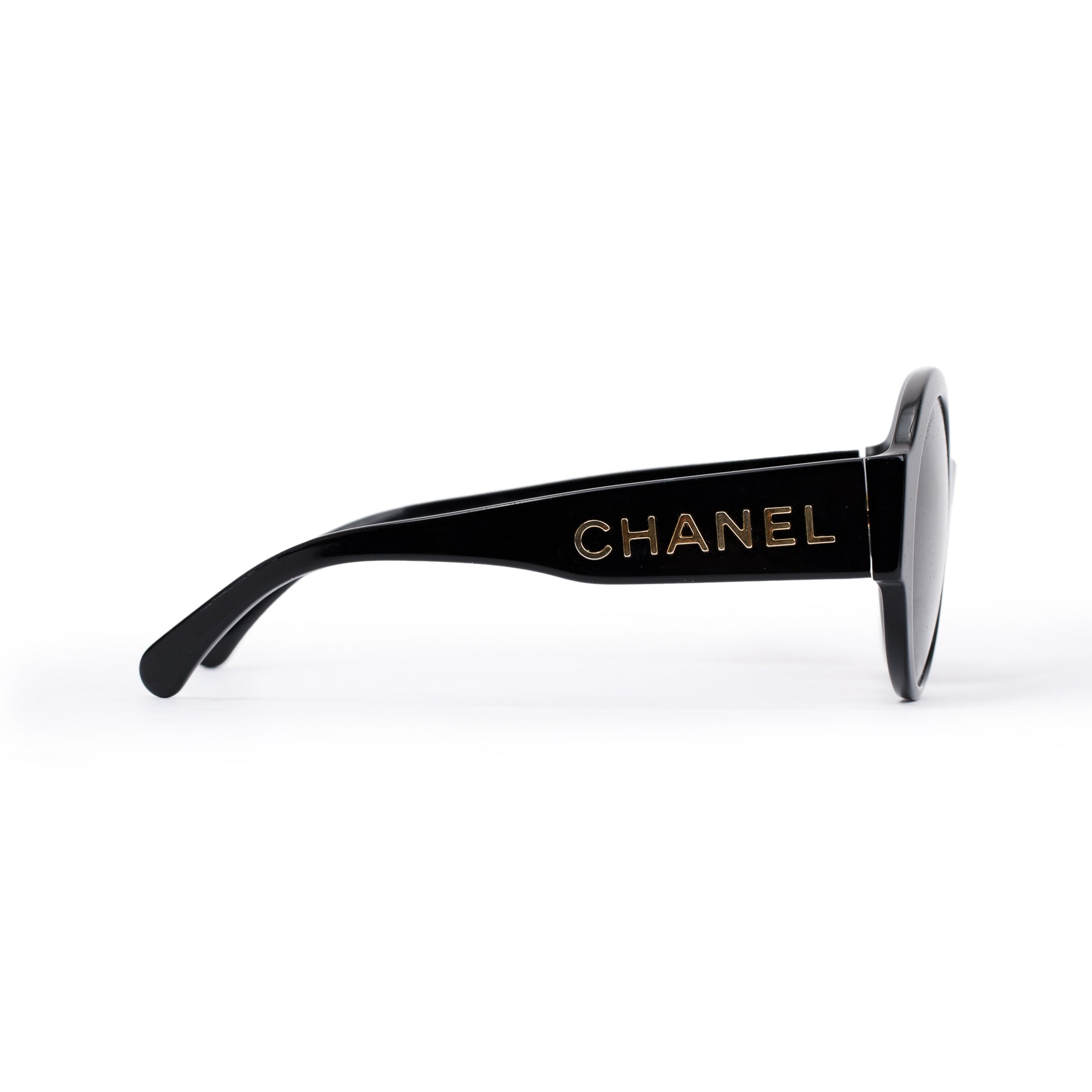 Chanel 5410-A Black Acetate Logo Round Sunglasses w/ Box & Case