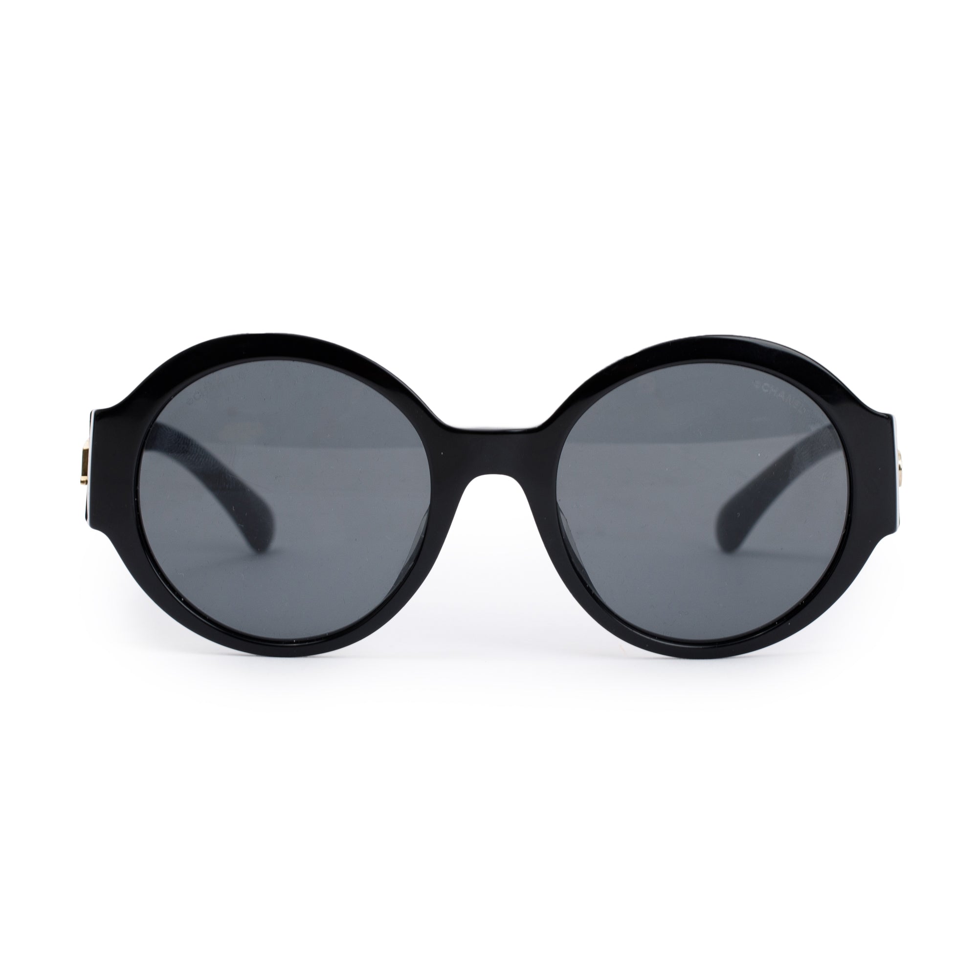 Chanel 5410-A Black Acetate Logo Round Sunglasses w/ Box & Case