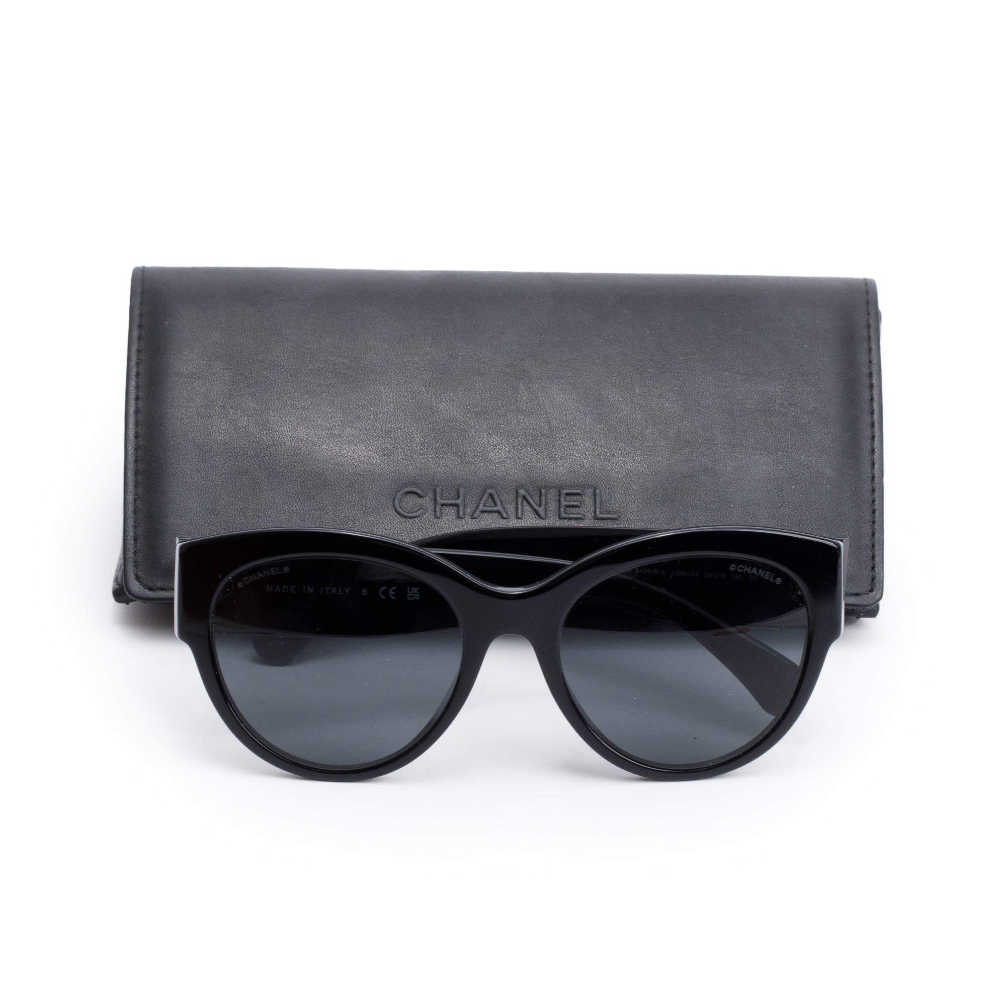Chanel 5498-B-A Black Acetate Strass CC Logo Round Sunglasses w/ Case