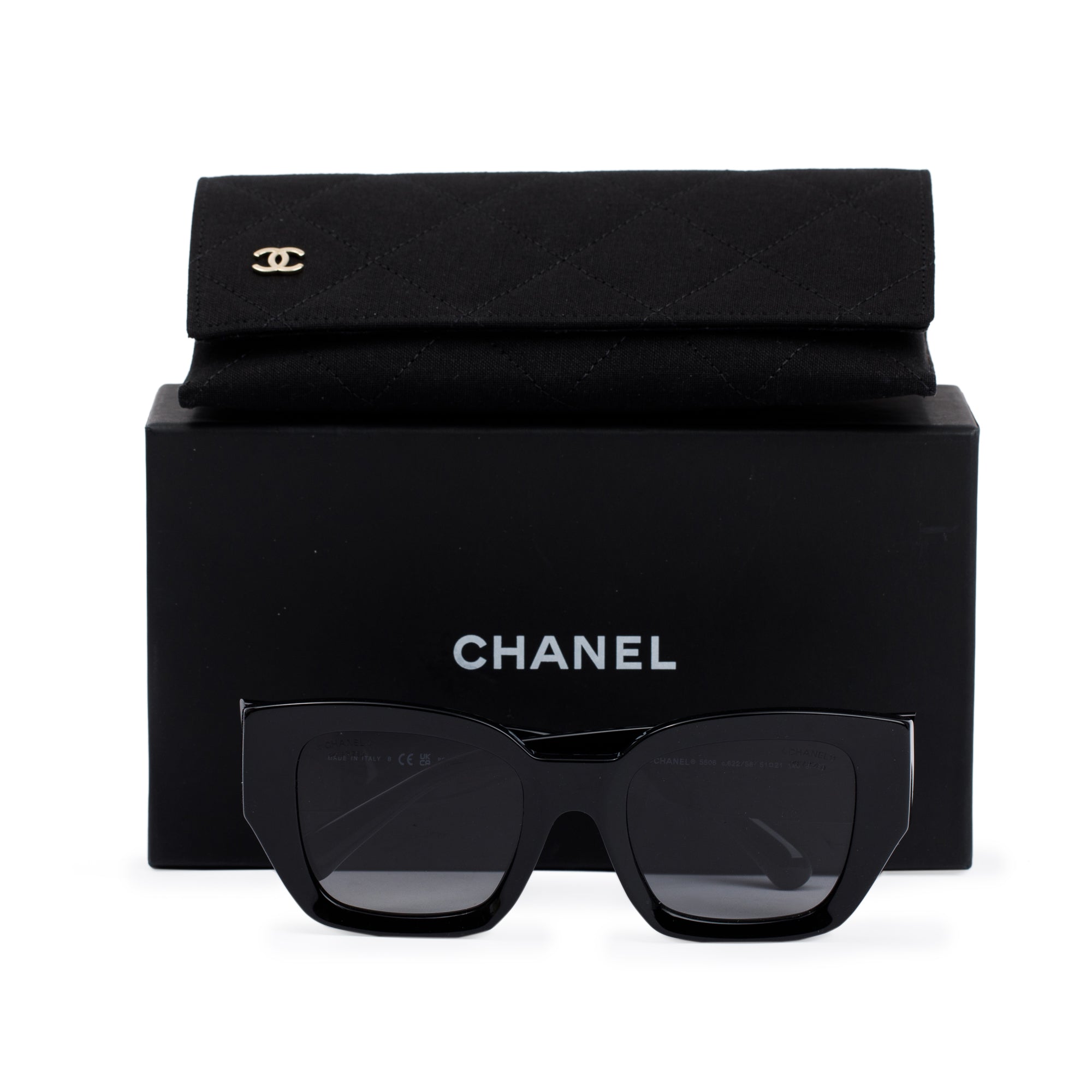 Chanel 5506 Black Acetate CC Logo Square Sunglasses w/ Box & Case