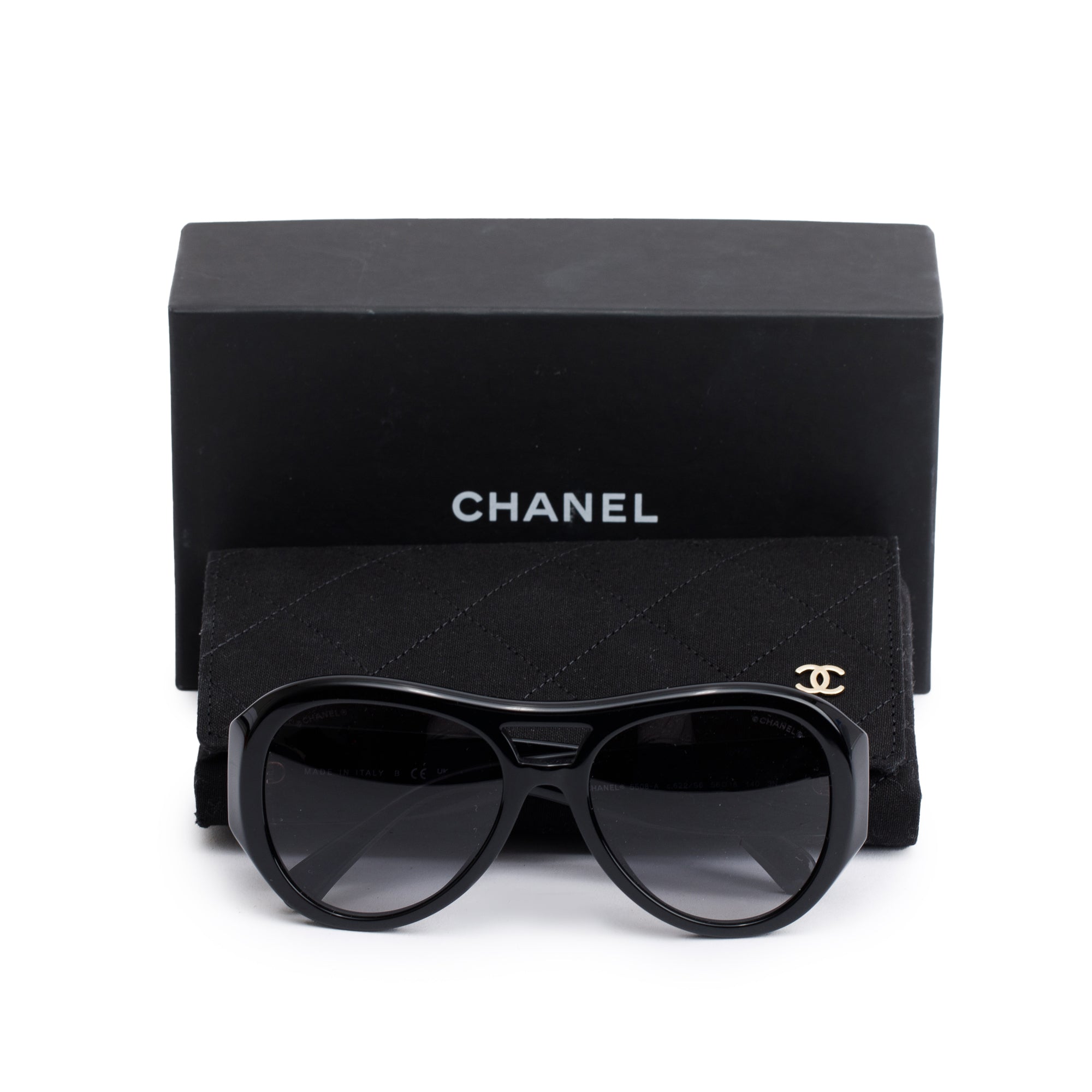 Chanel 5508-A Black Acetate CC Logo Pilot Sunglasses w/ Box & Case