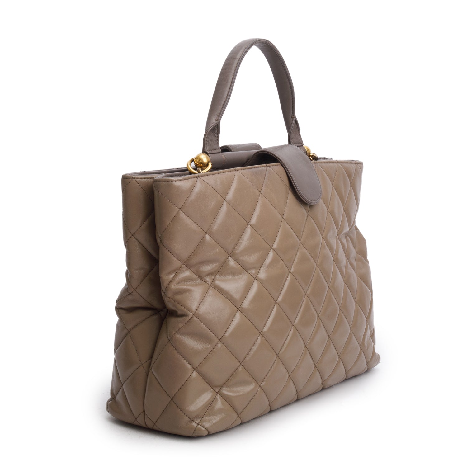 Chanel Grey Calfskin Quilted Large Gold Bar Top Handle Tote