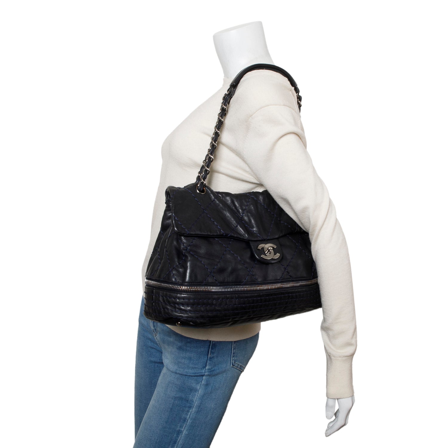 Chanel Navy Quilted Stitched Calfskin Leather Expandable Ligne Flap Bag