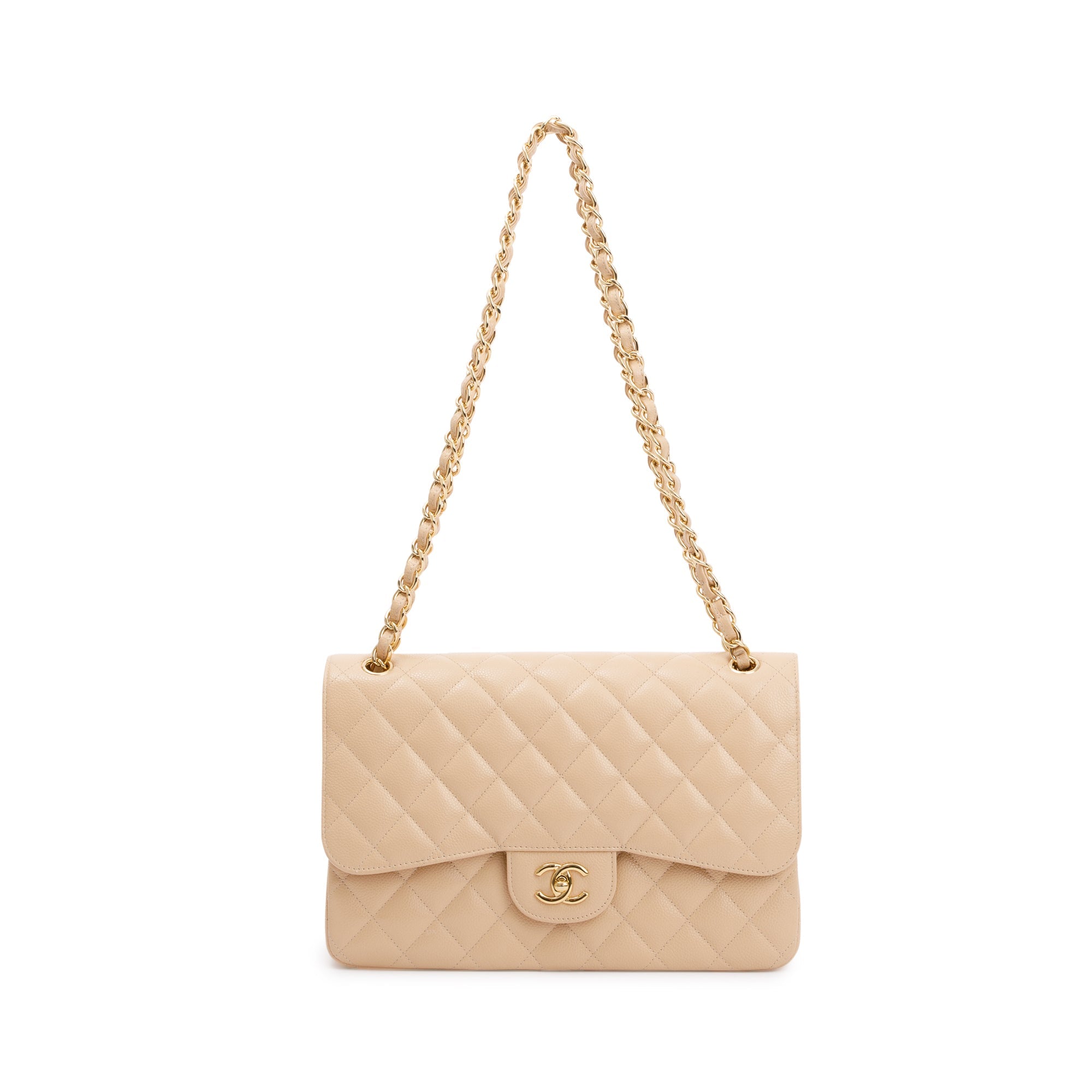 Chanel Beige Caviar Classic Jumbo Double Flap Bag w/ Authenticity Card