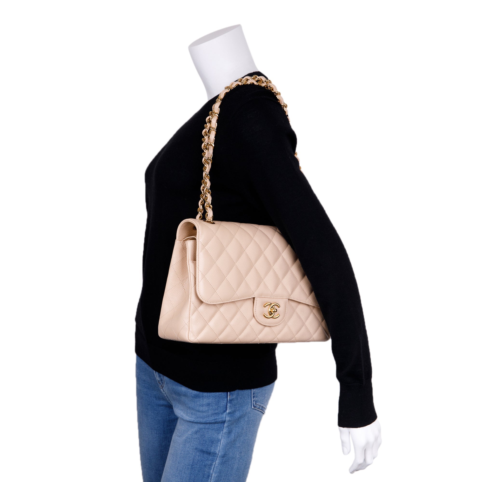 Chanel Beige Caviar Classic Jumbo Double Flap Bag w/ Authenticity Card