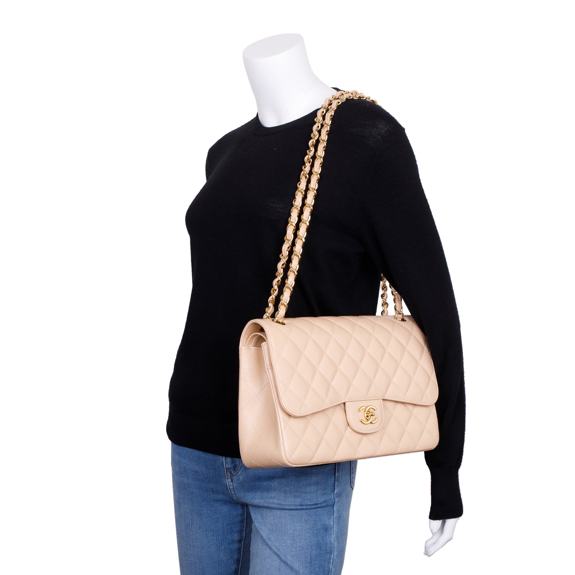 Chanel Beige Caviar Classic Jumbo Double Flap Bag w/ Authenticity Card