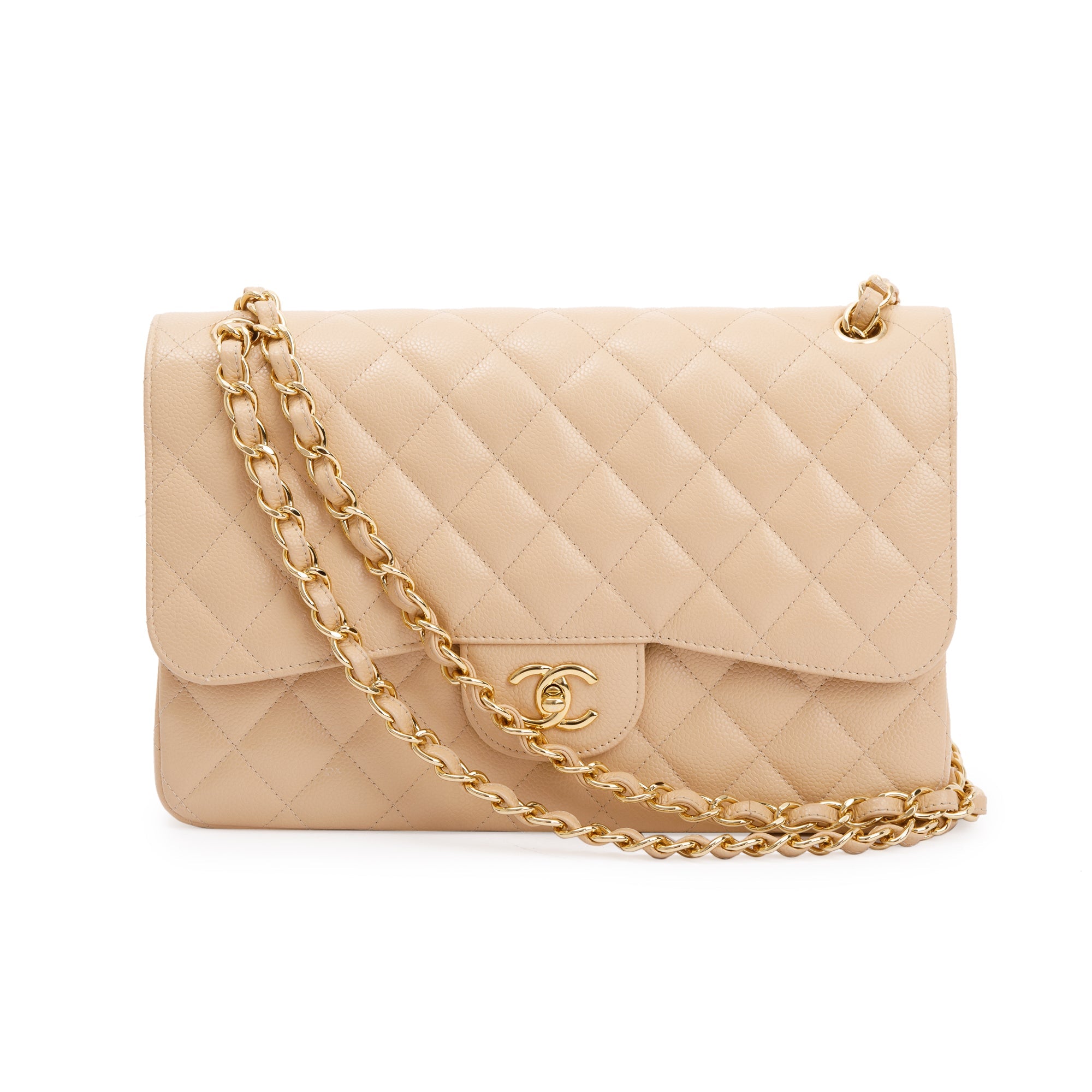 Chanel Beige Caviar Classic Jumbo Double Flap Bag w/ Authenticity Card