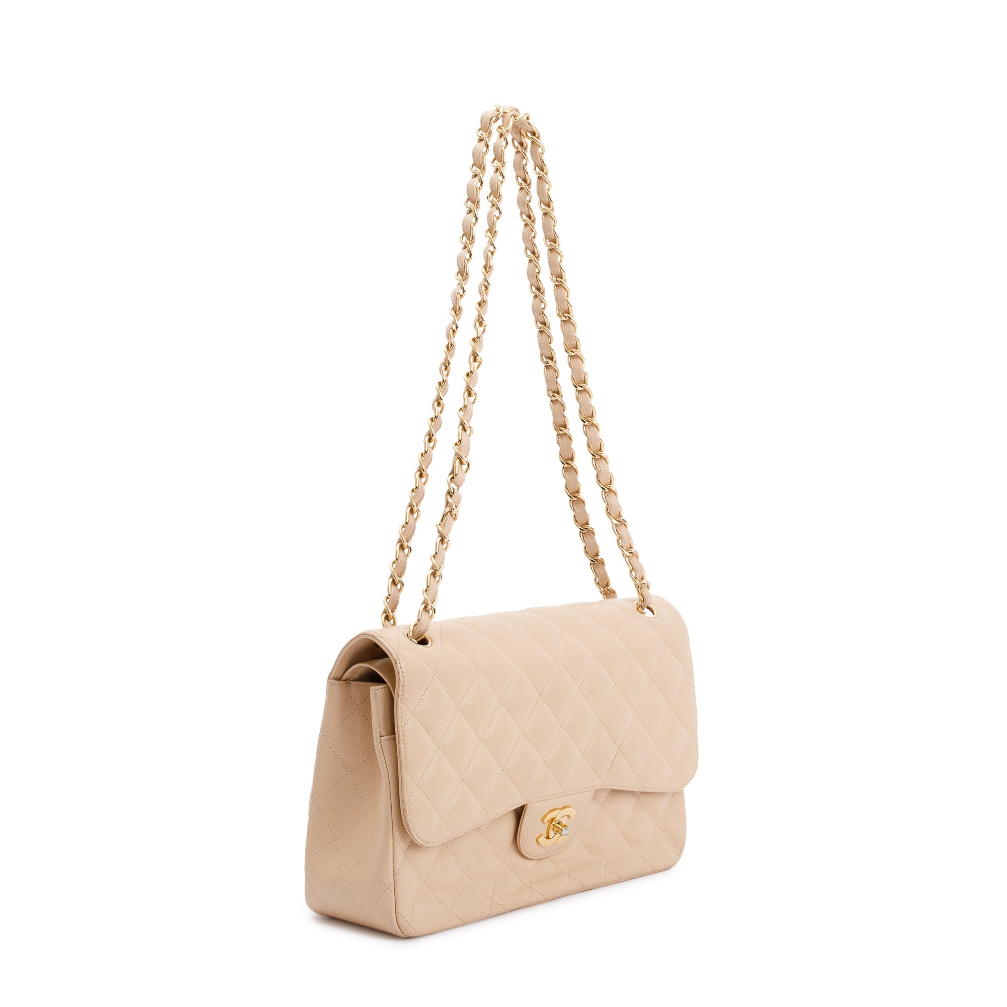 Chanel Beige Caviar Classic Jumbo Double Flap Bag w/Box