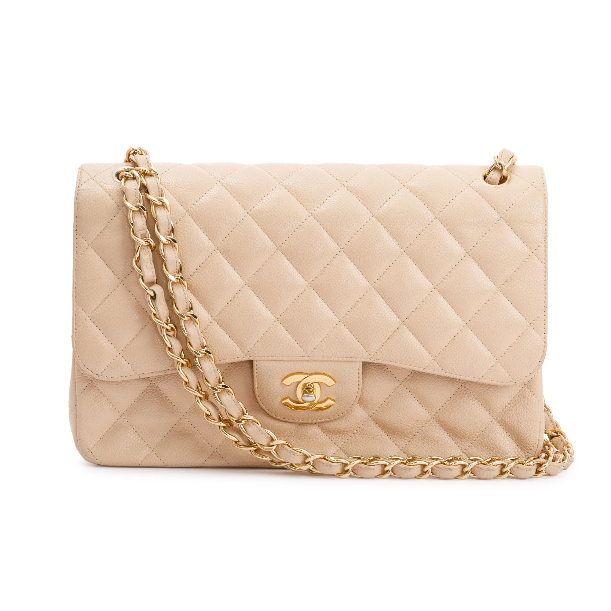 Chanel Beige Caviar Classic Jumbo Double Flap Bag w/Box