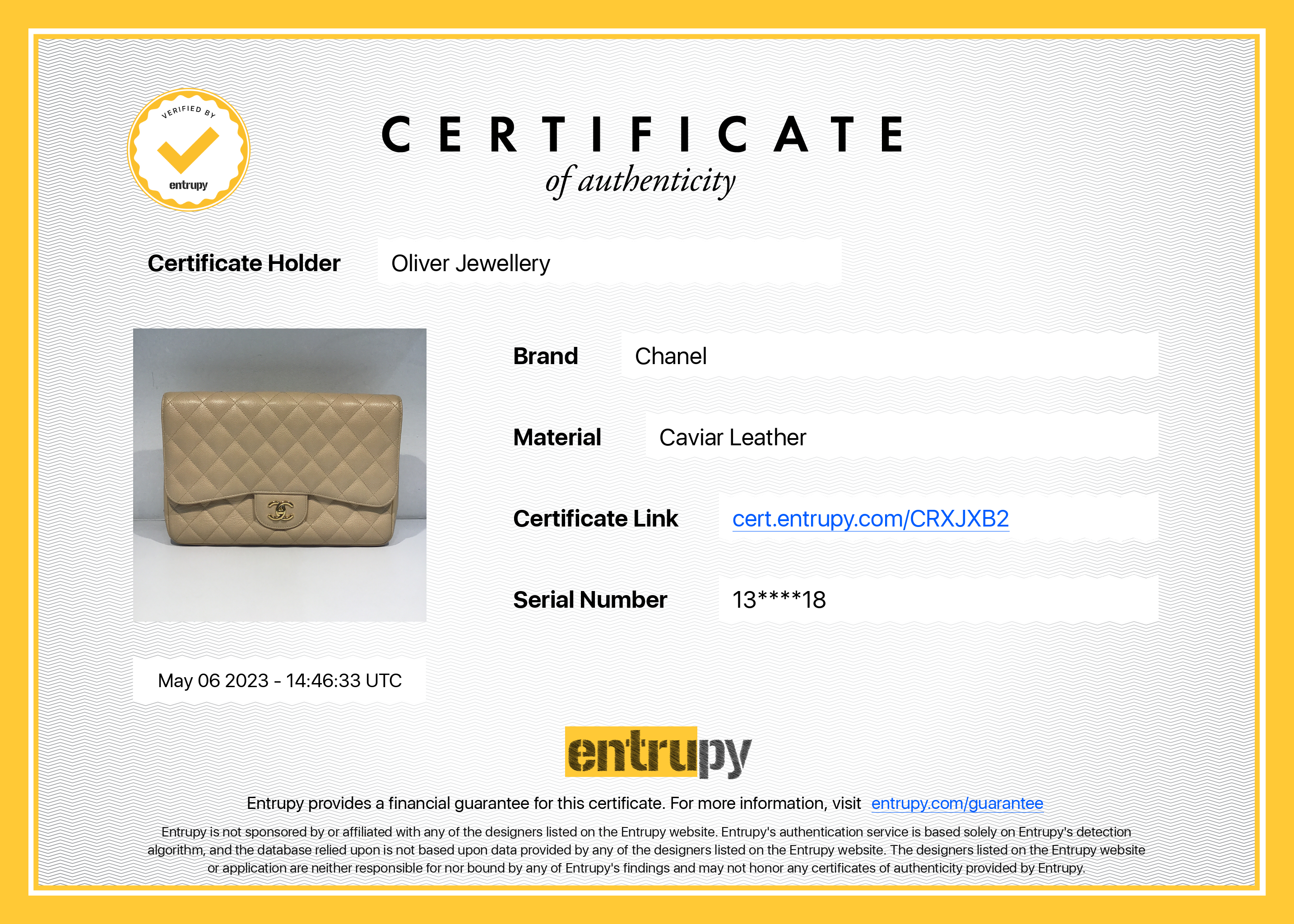 Chanel Beige Caviar Classic Jumbo Single Flap Bag w/ Authenticity Card